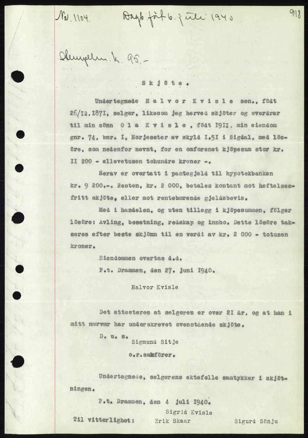 Eiker, Modum og Sigdal sorenskriveri, SAKO/A-123/G/Ga/Gab/L0041: Pantebok nr. A11, 1939-1940, Dagboknr: 1104/1940