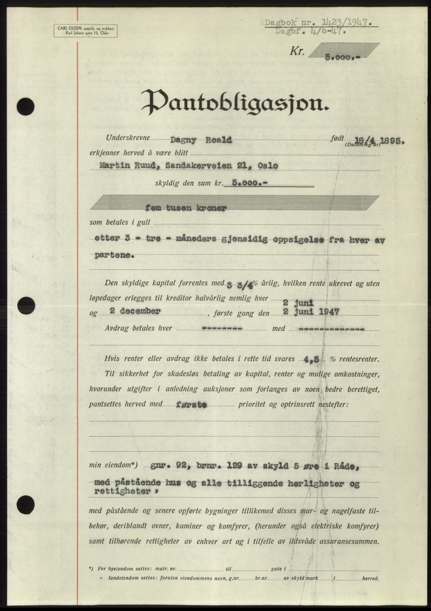 Moss sorenskriveri, SAO/A-10168: Pantebok nr. B17, 1947-1947, Dagboknr: 1423/1947