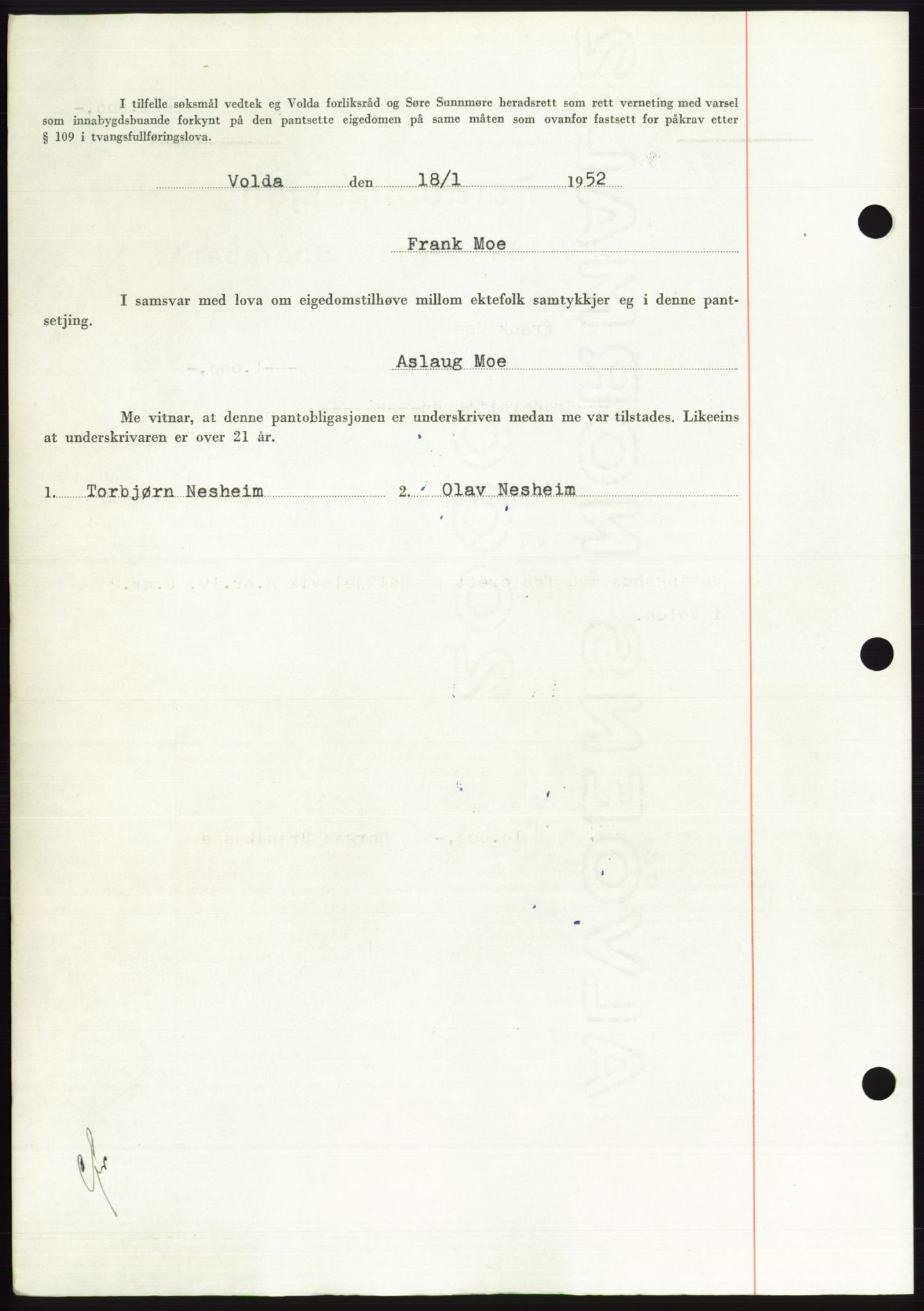 Søre Sunnmøre sorenskriveri, AV/SAT-A-4122/1/2/2C/L0121: Pantebok nr. 9B, 1951-1952, Dagboknr: 109/1952