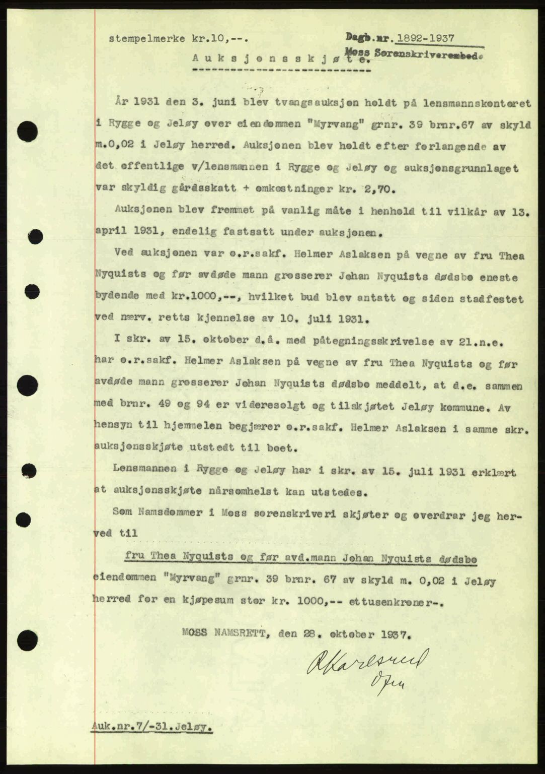 Moss sorenskriveri, SAO/A-10168: Pantebok nr. A3, 1937-1938, Dagboknr: 1892/1937