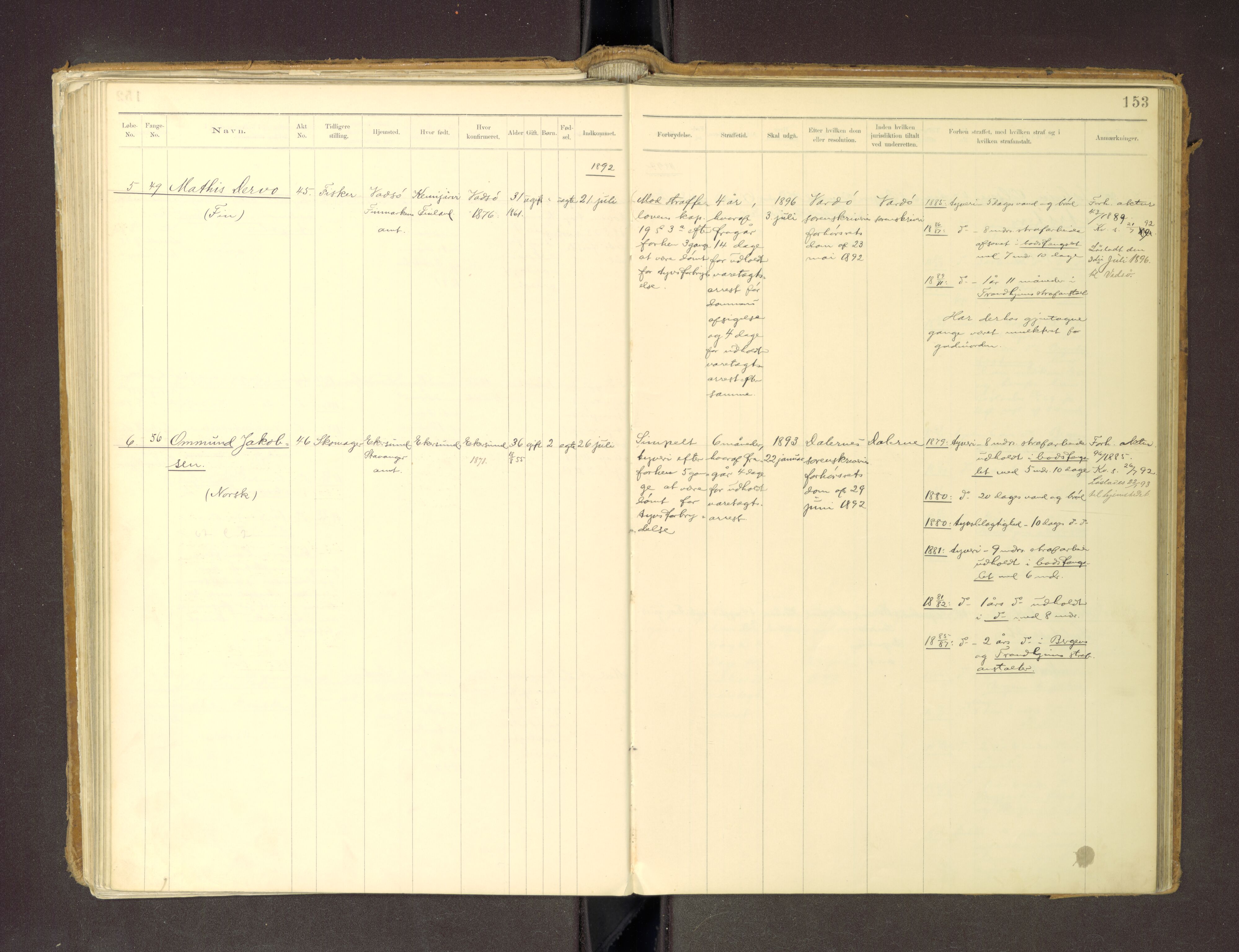 Trondheim tukthus, SAT/A-4619/05/65/L0036: 65.36 Fangeprotokoll m/reg, 1885-1898, s. 153