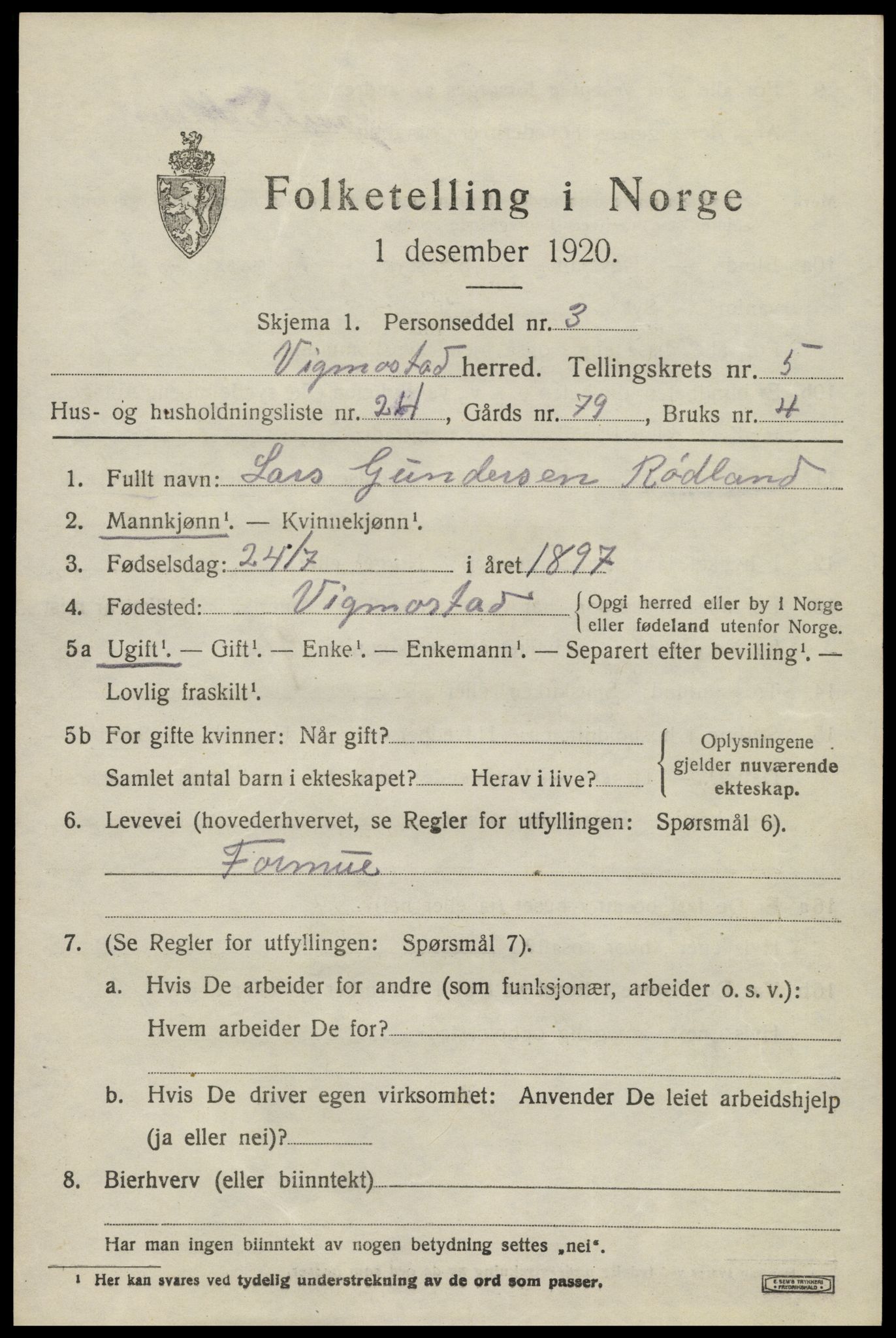 SAK, Folketelling 1920 for 1028 Vigmostad herred, 1920, s. 1903