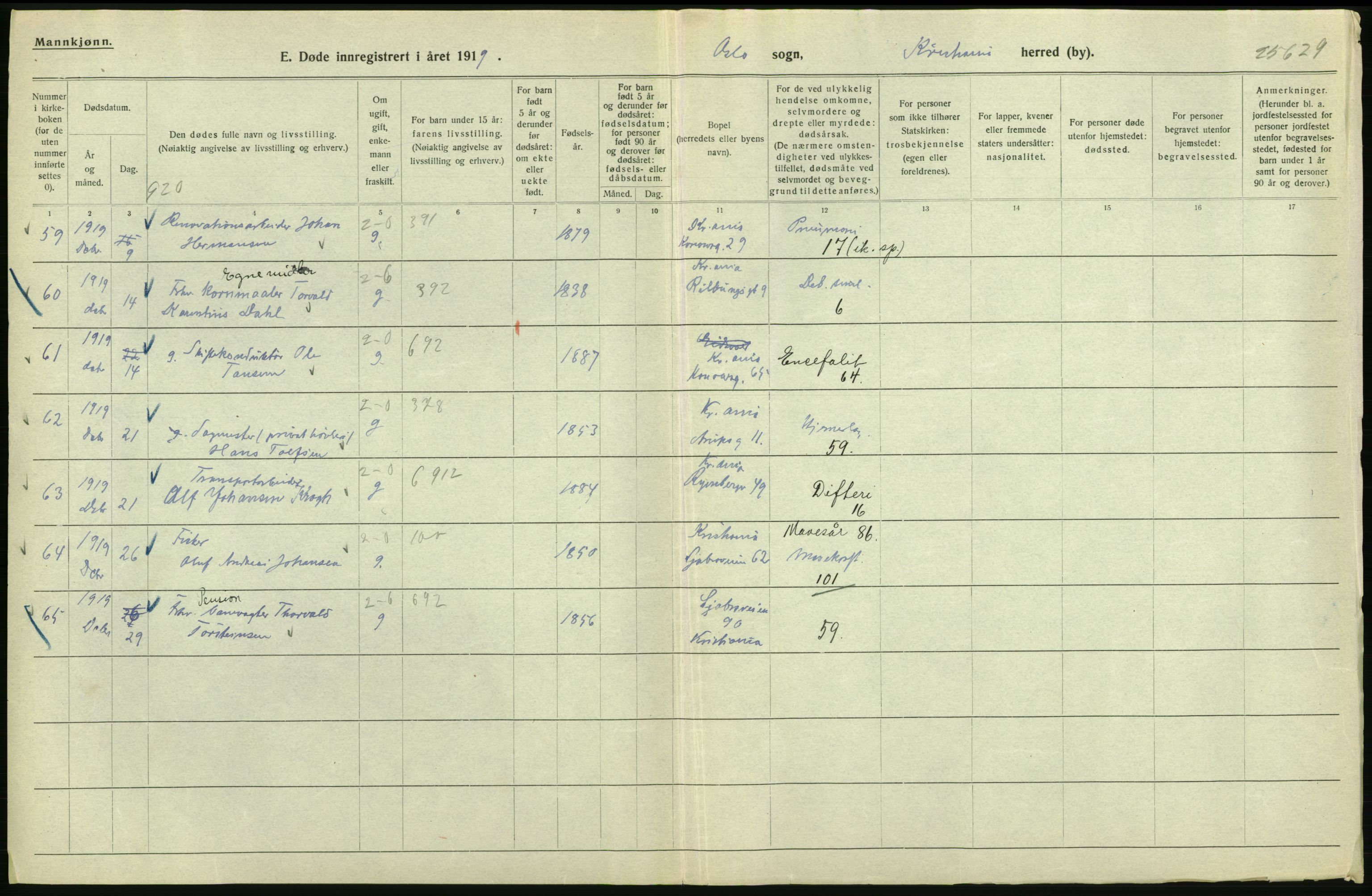 Statistisk sentralbyrå, Sosiodemografiske emner, Befolkning, AV/RA-S-2228/D/Df/Dfb/Dfbi/L0010: Kristiania: Døde, 1919, s. 410