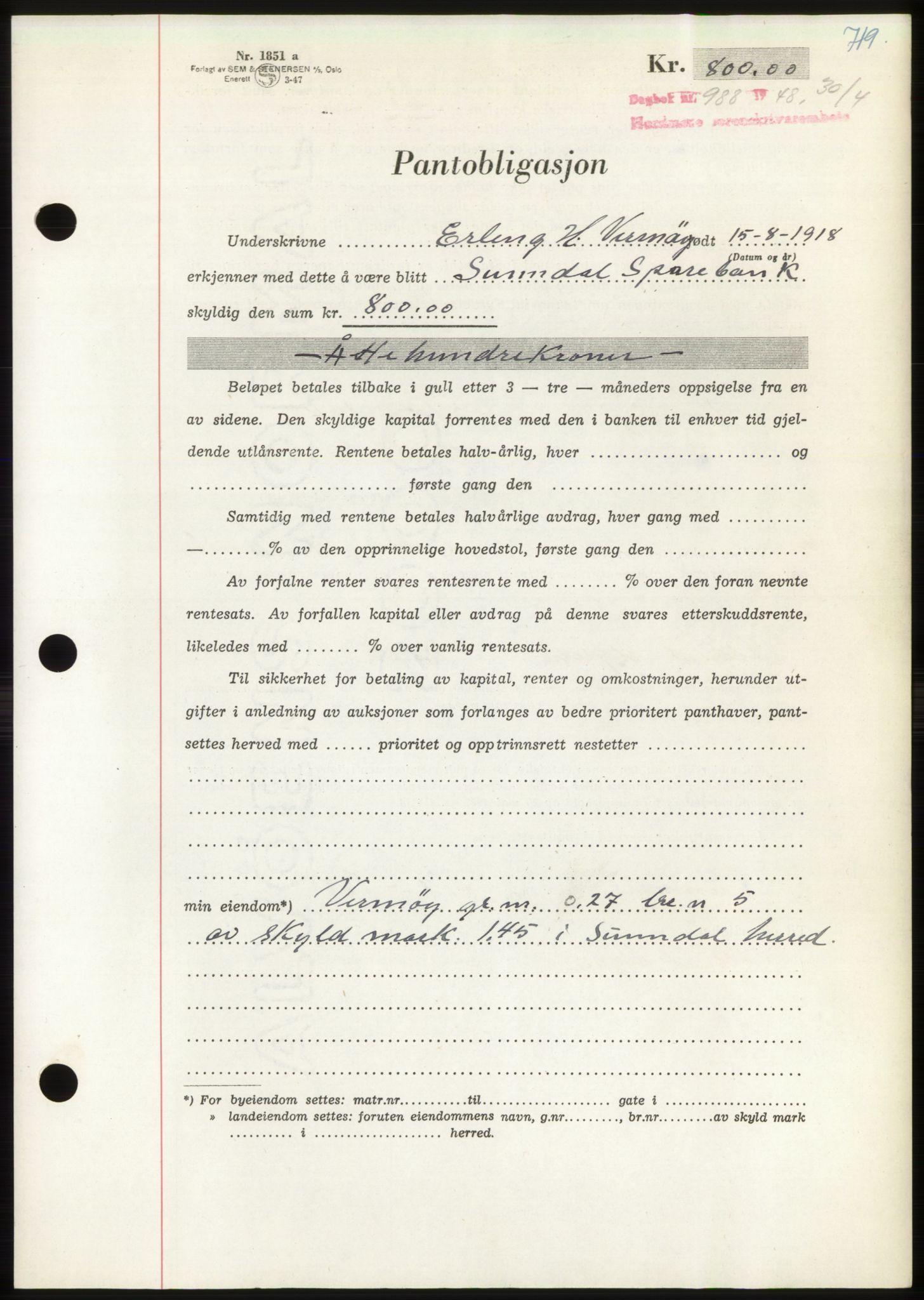 Nordmøre sorenskriveri, SAT/A-4132/1/2/2Ca: Pantebok nr. B98, 1948-1948, Dagboknr: 988/1948