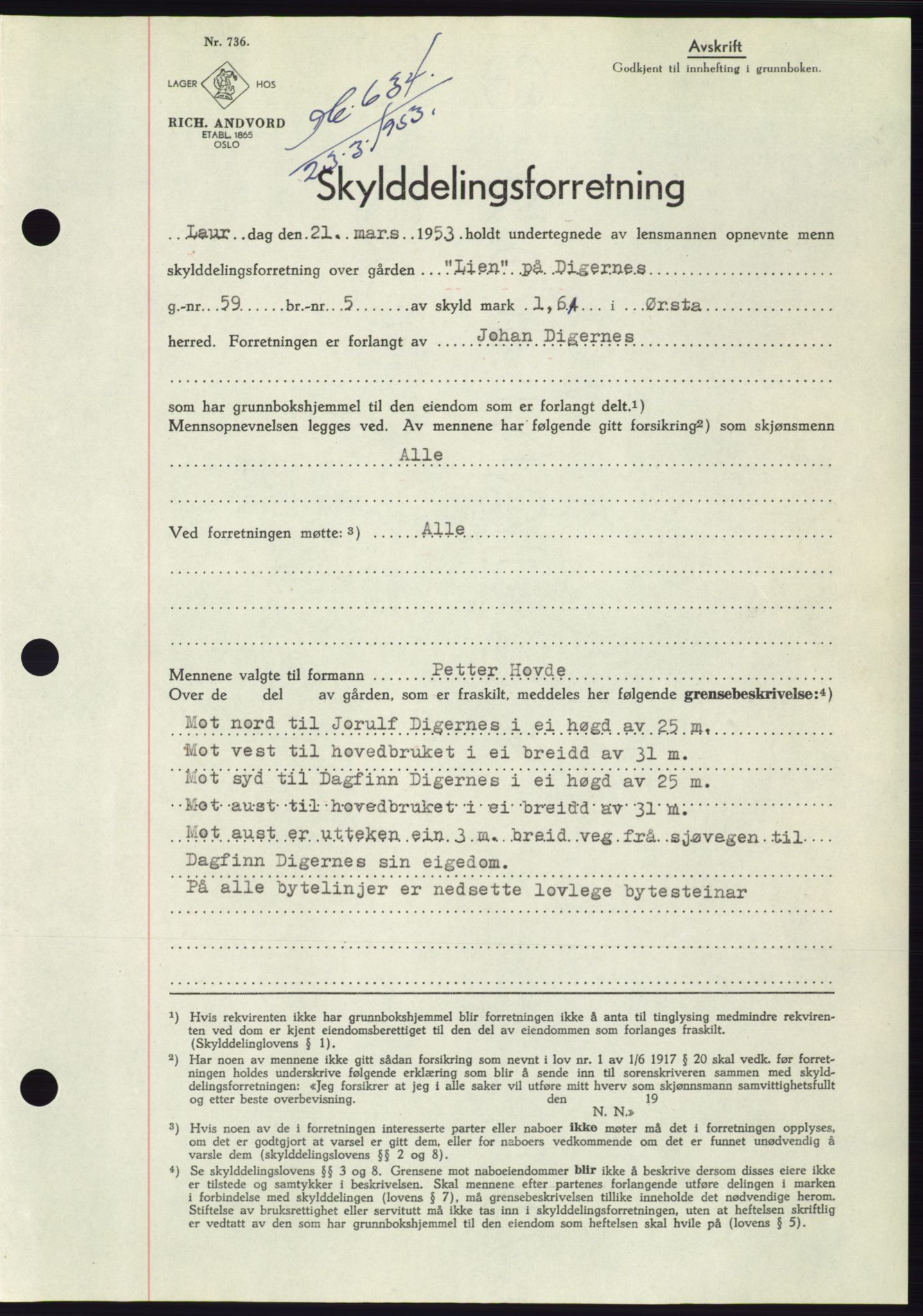 Søre Sunnmøre sorenskriveri, SAT/A-4122/1/2/2C/L0094: Pantebok nr. 20A, 1953-1953, Dagboknr: 634/1953