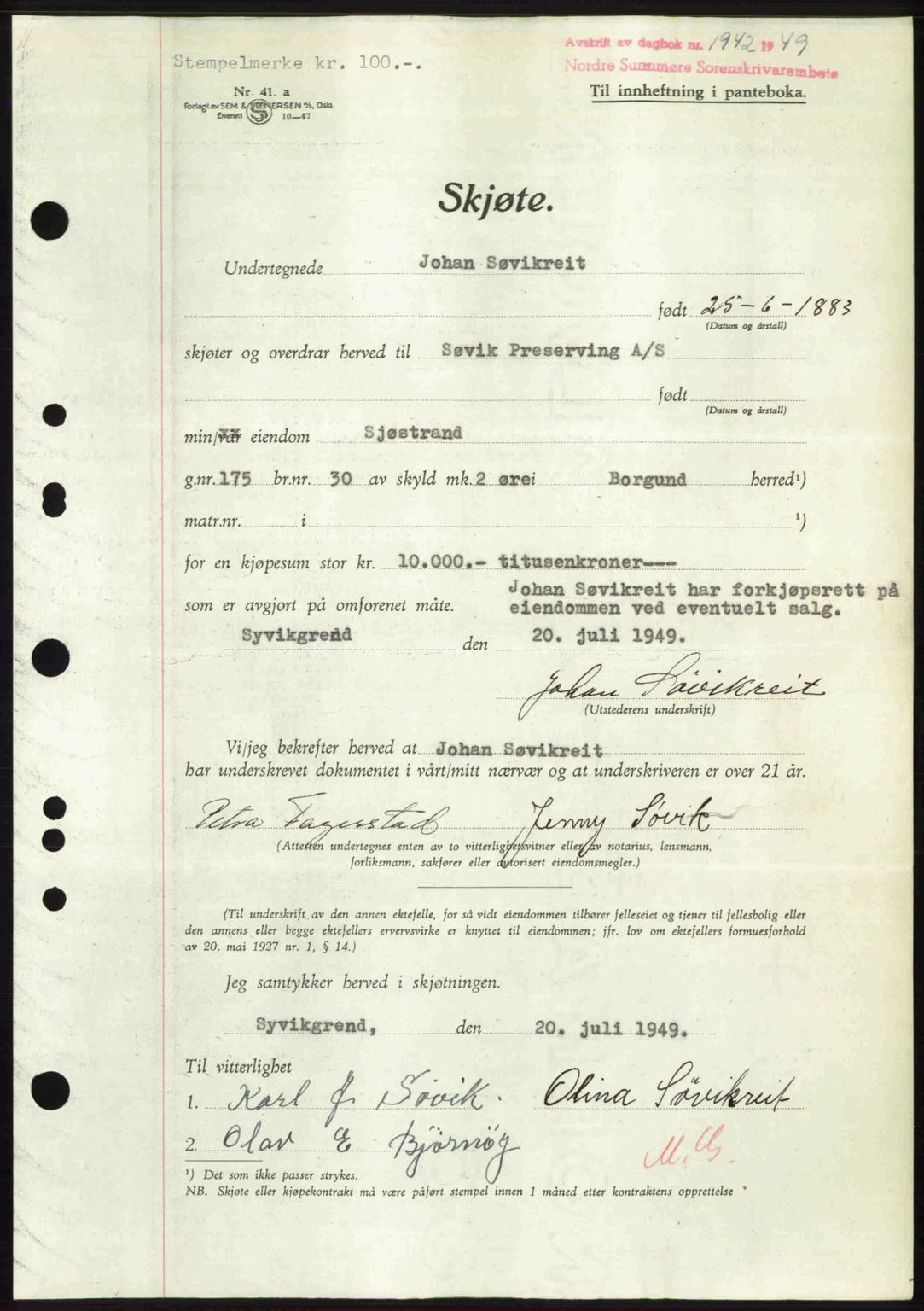 Nordre Sunnmøre sorenskriveri, SAT/A-0006/1/2/2C/2Ca: Pantebok nr. A32, 1949-1949, Dagboknr: 1942/1949