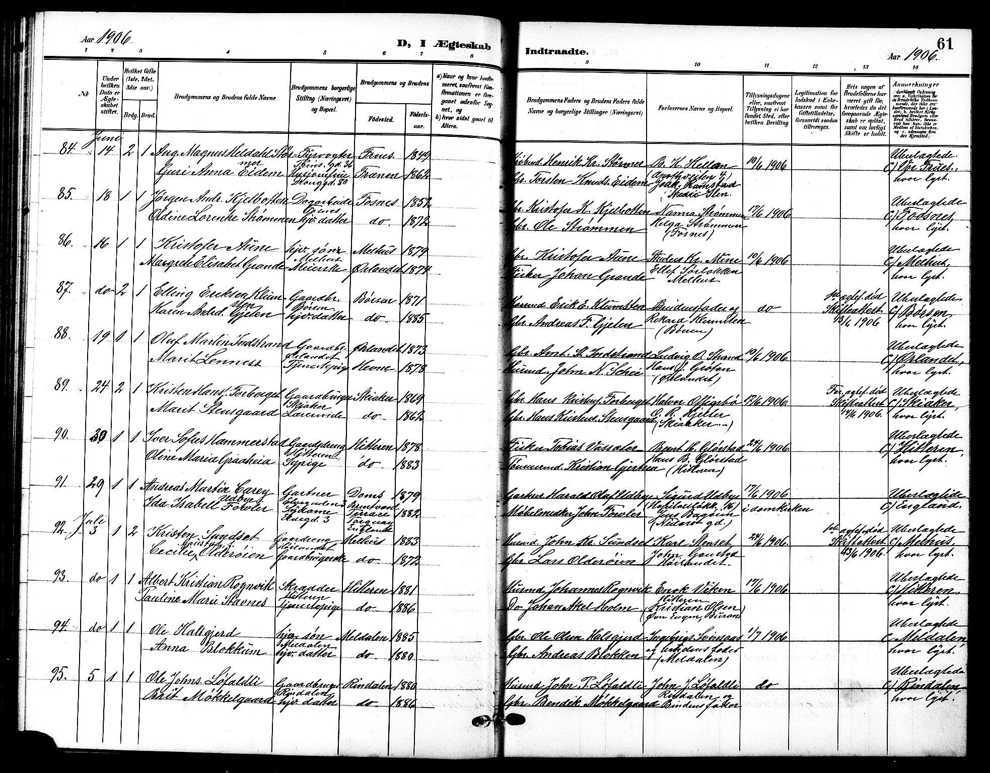Ministerialprotokoller, klokkerbøker og fødselsregistre - Sør-Trøndelag, SAT/A-1456/601/L0095: Klokkerbok nr. 601C13, 1902-1911, s. 61