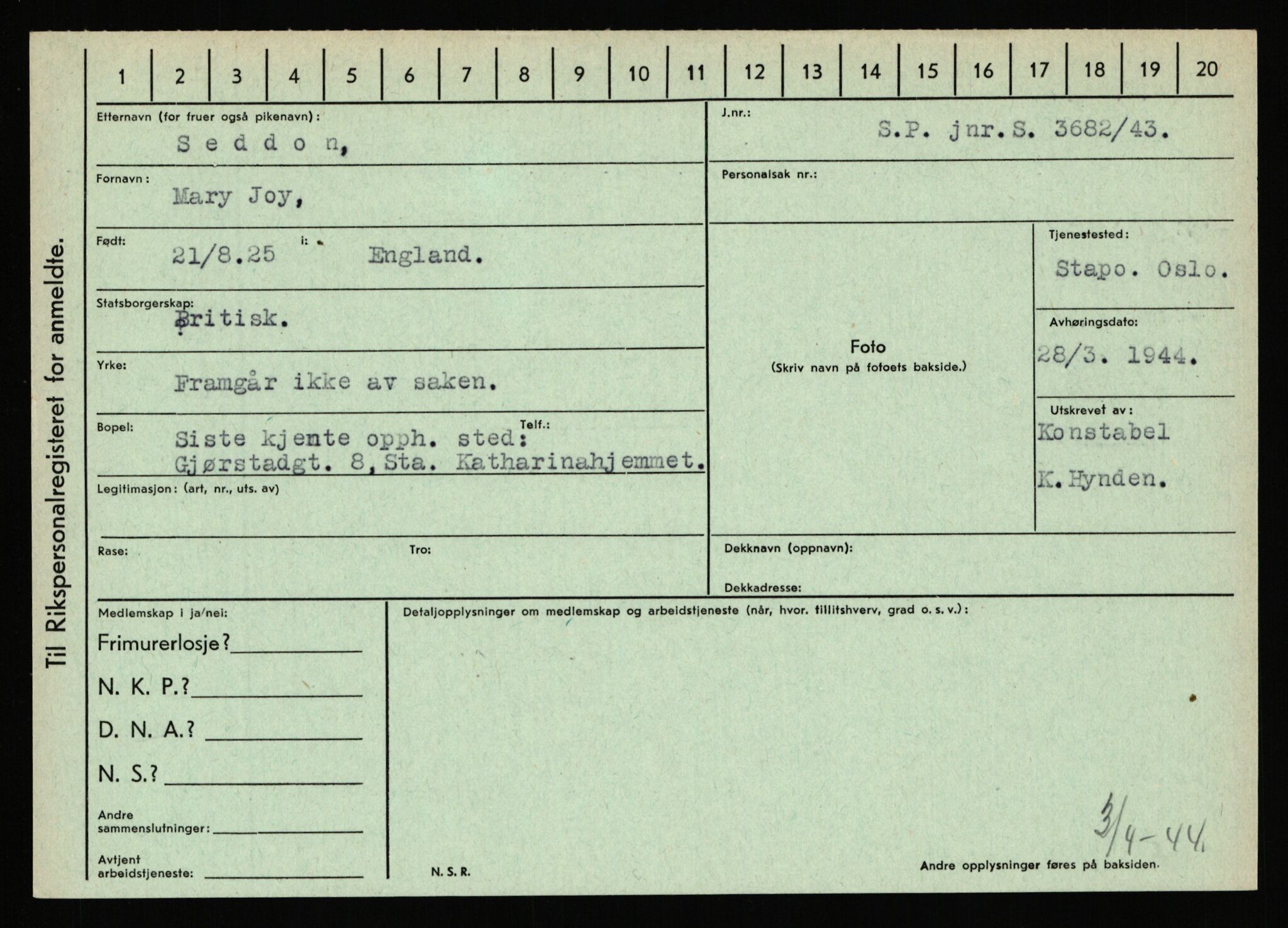 Statspolitiet - Hovedkontoret / Osloavdelingen, AV/RA-S-1329/C/Ca/L0013: Raa - Servold, 1943-1945, s. 4605