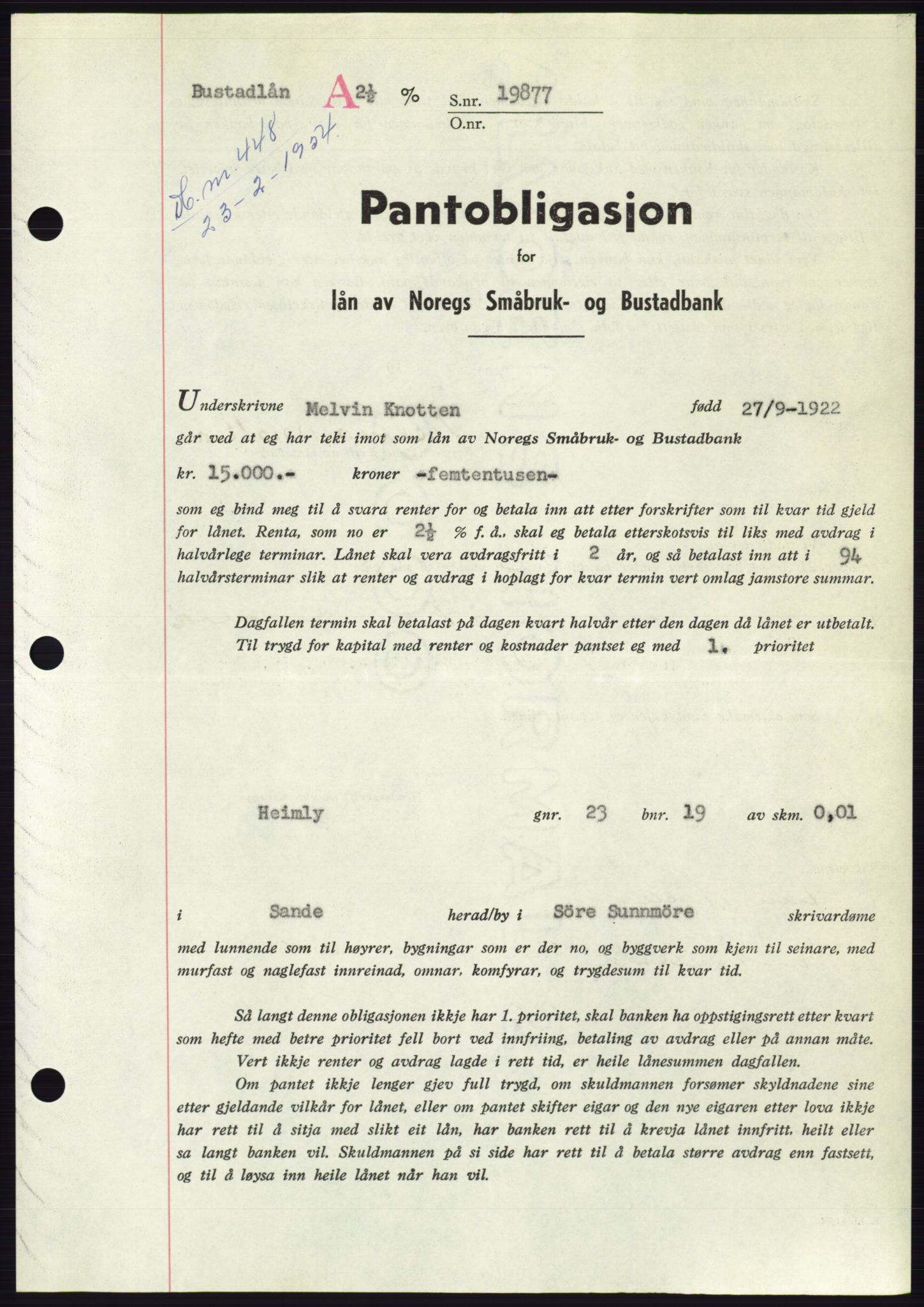 Søre Sunnmøre sorenskriveri, AV/SAT-A-4122/1/2/2C/L0124: Pantebok nr. 12B, 1953-1954, Dagboknr: 448/1954