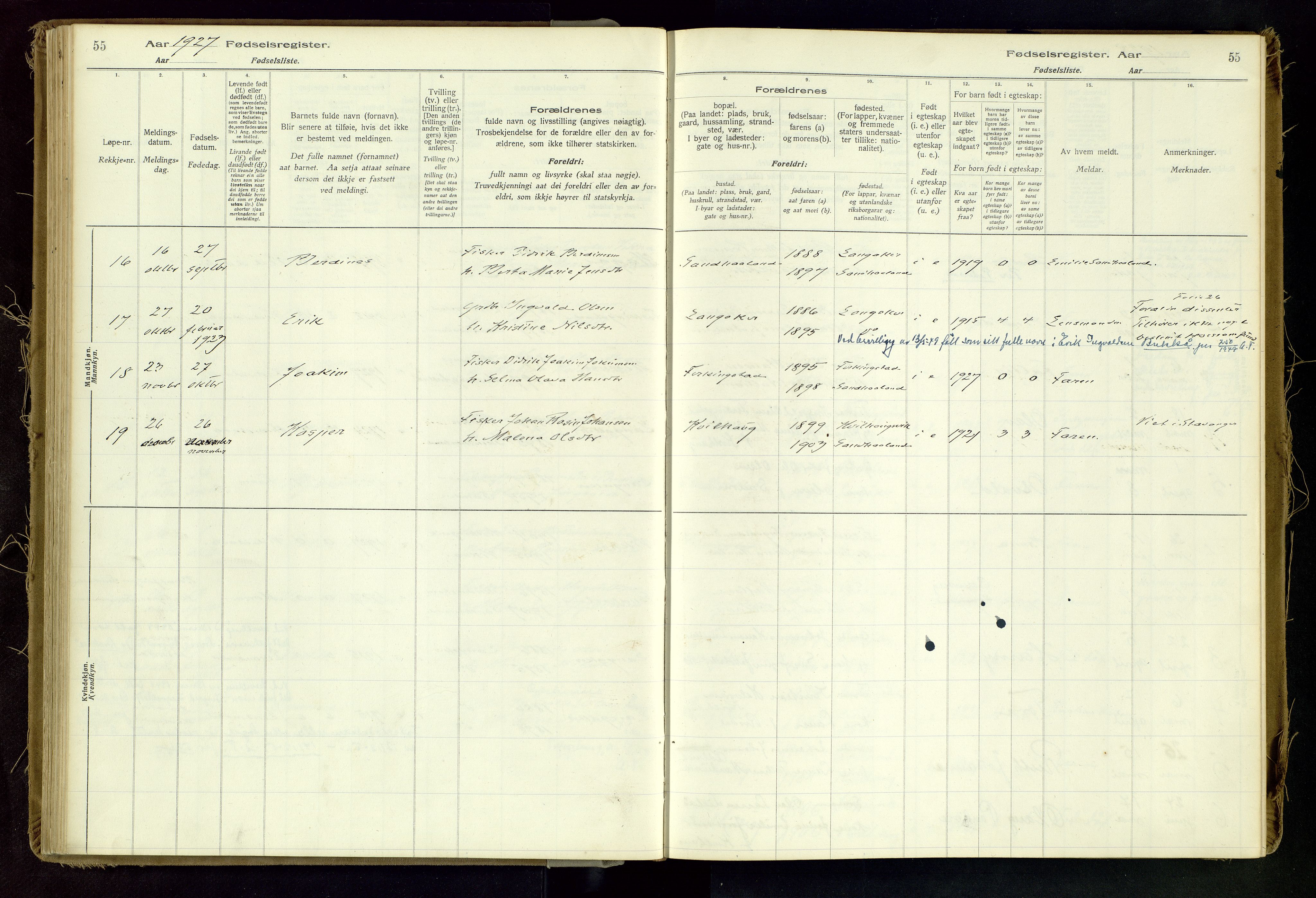 Skudenes sokneprestkontor, SAST/A -101849/I/Id/L0002: Fødselsregister nr. 2, 1916-1962, s. 55