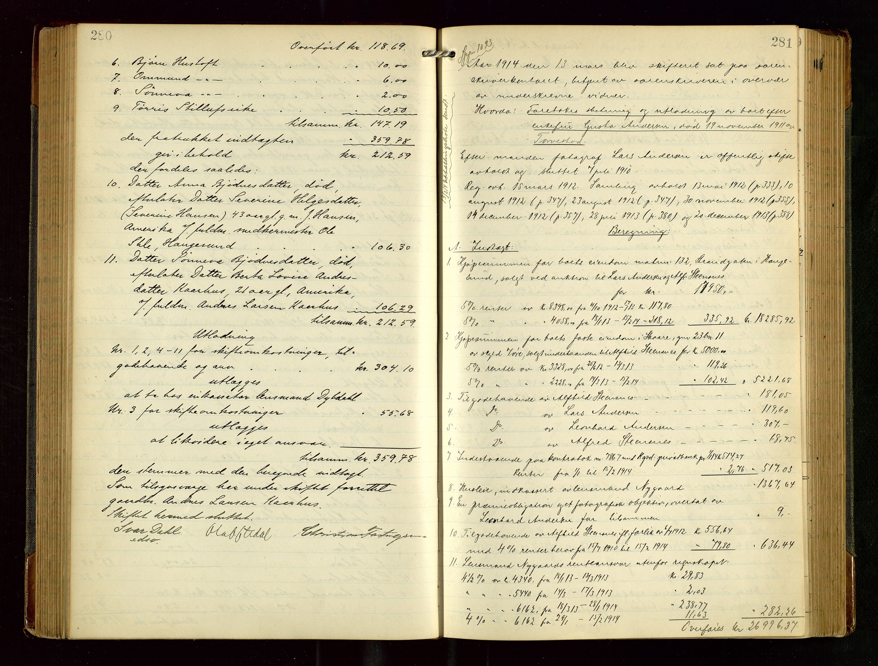 Karmsund sorenskriveri, AV/SAST-A-100311/01/IV/IVGB/L0002: SKIFTEUTLODNINGSPROTOKOLL, 1911-1919, s. 280-281