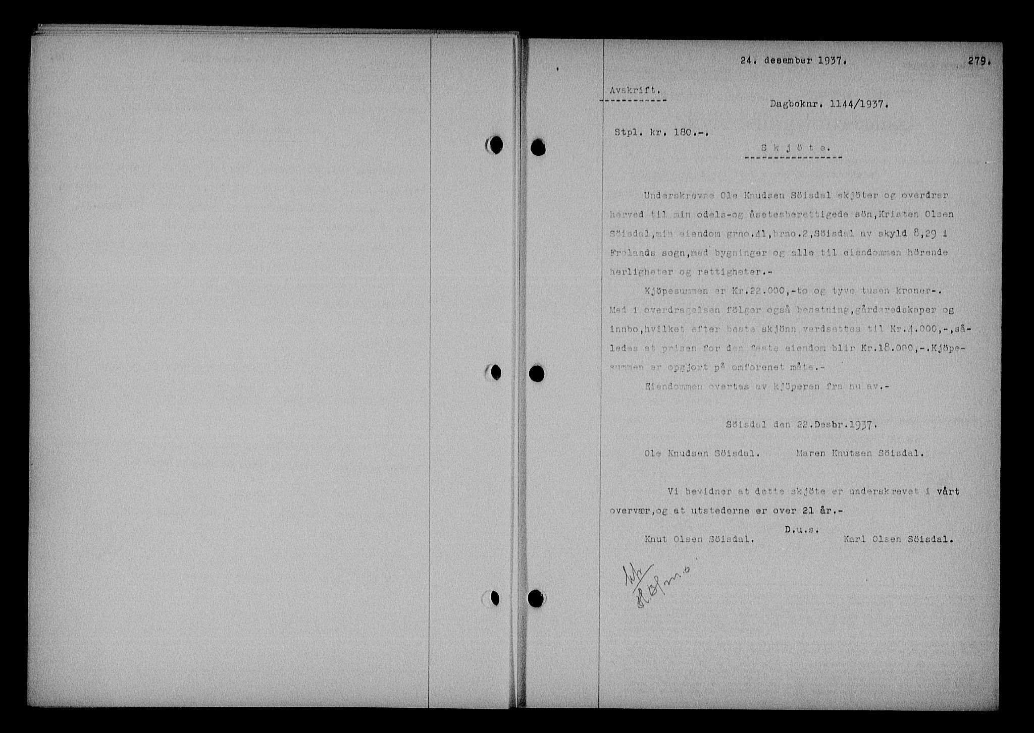 Nedenes sorenskriveri, AV/SAK-1221-0006/G/Gb/Gba/L0044: Pantebok nr. 40, 1937-1938, Dagboknr: 1144/1937