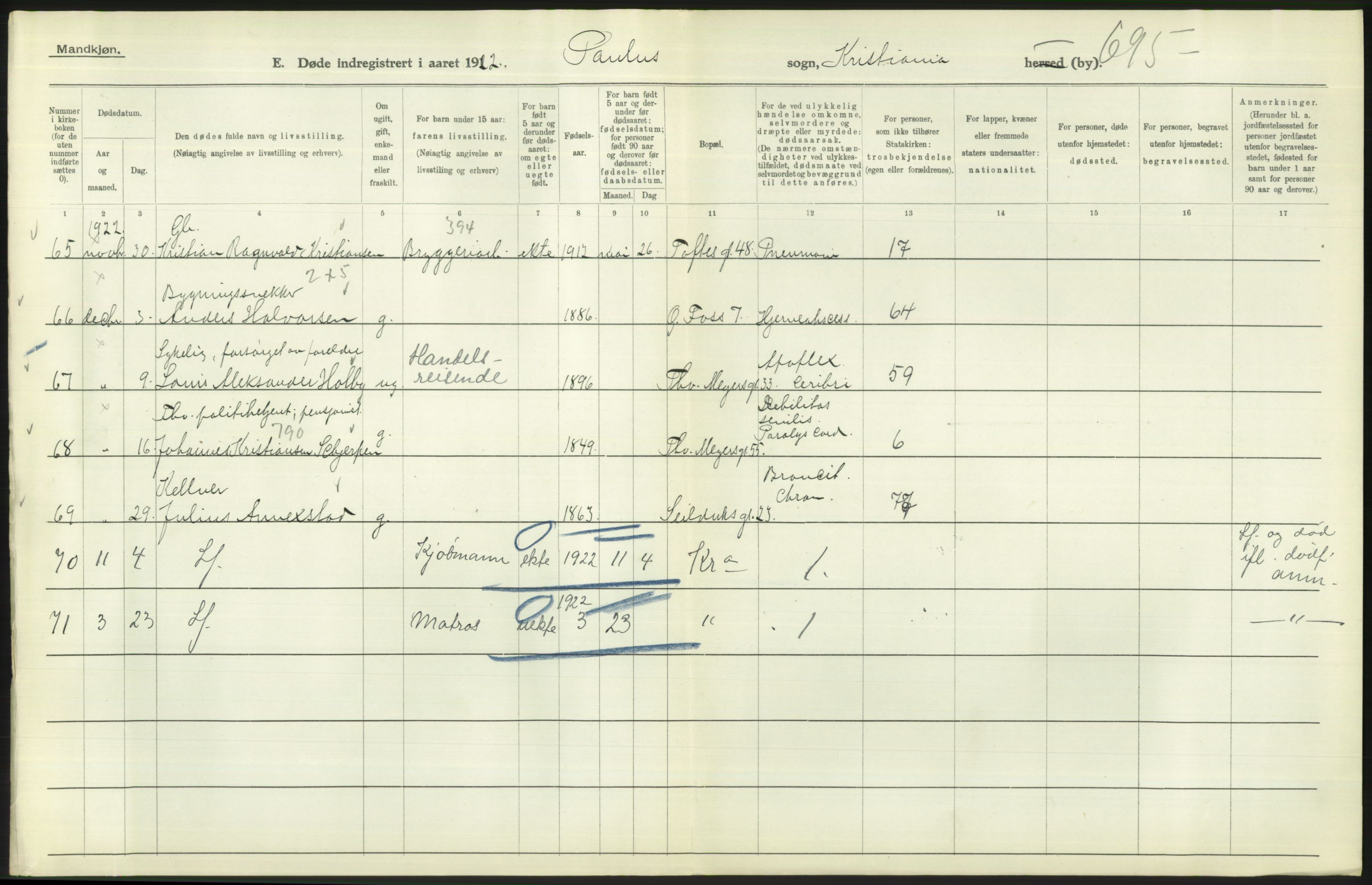 Statistisk sentralbyrå, Sosiodemografiske emner, Befolkning, AV/RA-S-2228/D/Df/Dfc/Dfcb/L0009: Kristiania: Døde, 1922, s. 592