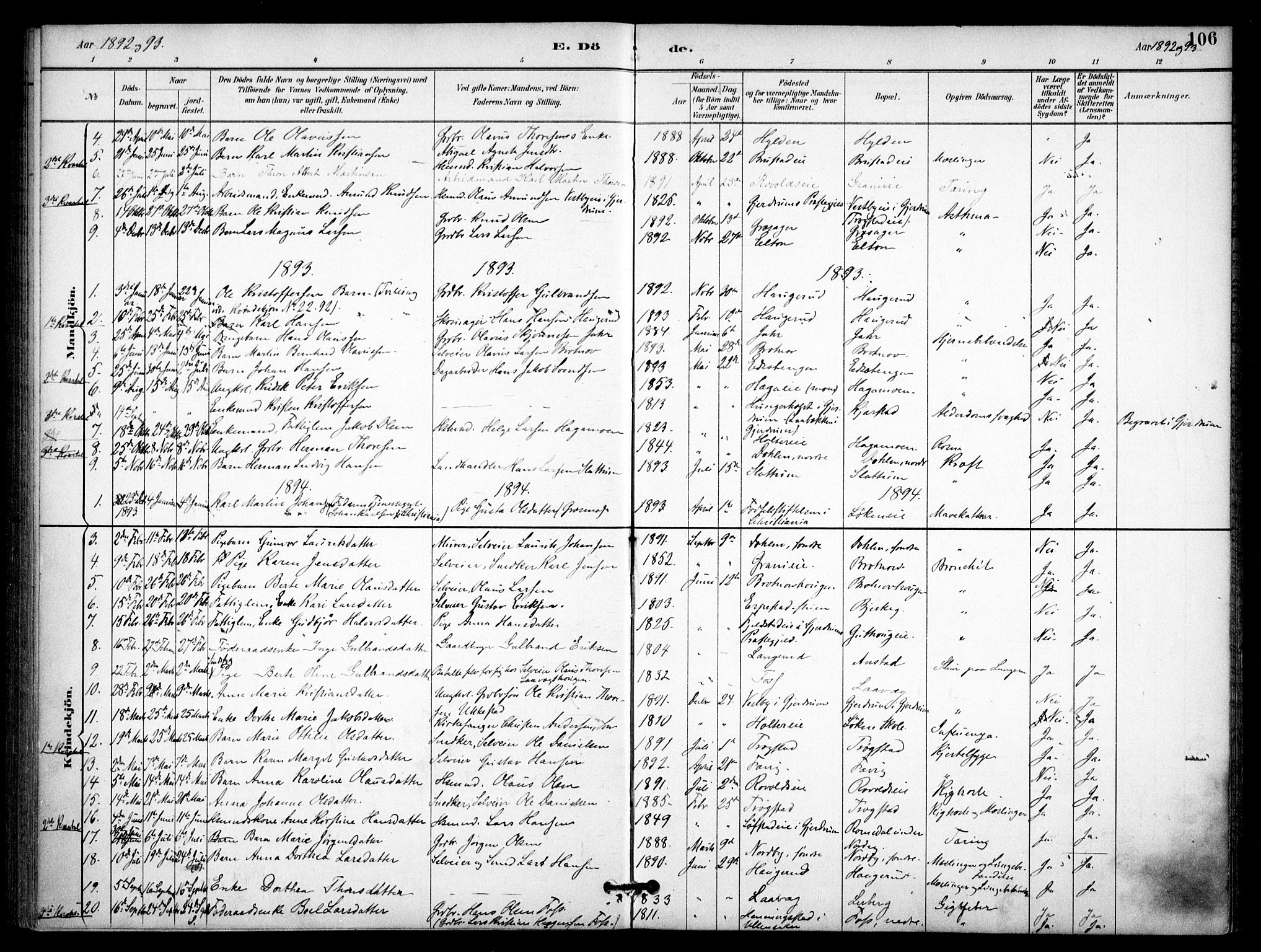 Nannestad prestekontor Kirkebøker, AV/SAO-A-10414a/F/Fb/L0002: Ministerialbok nr. II 2, 1891-1909, s. 106