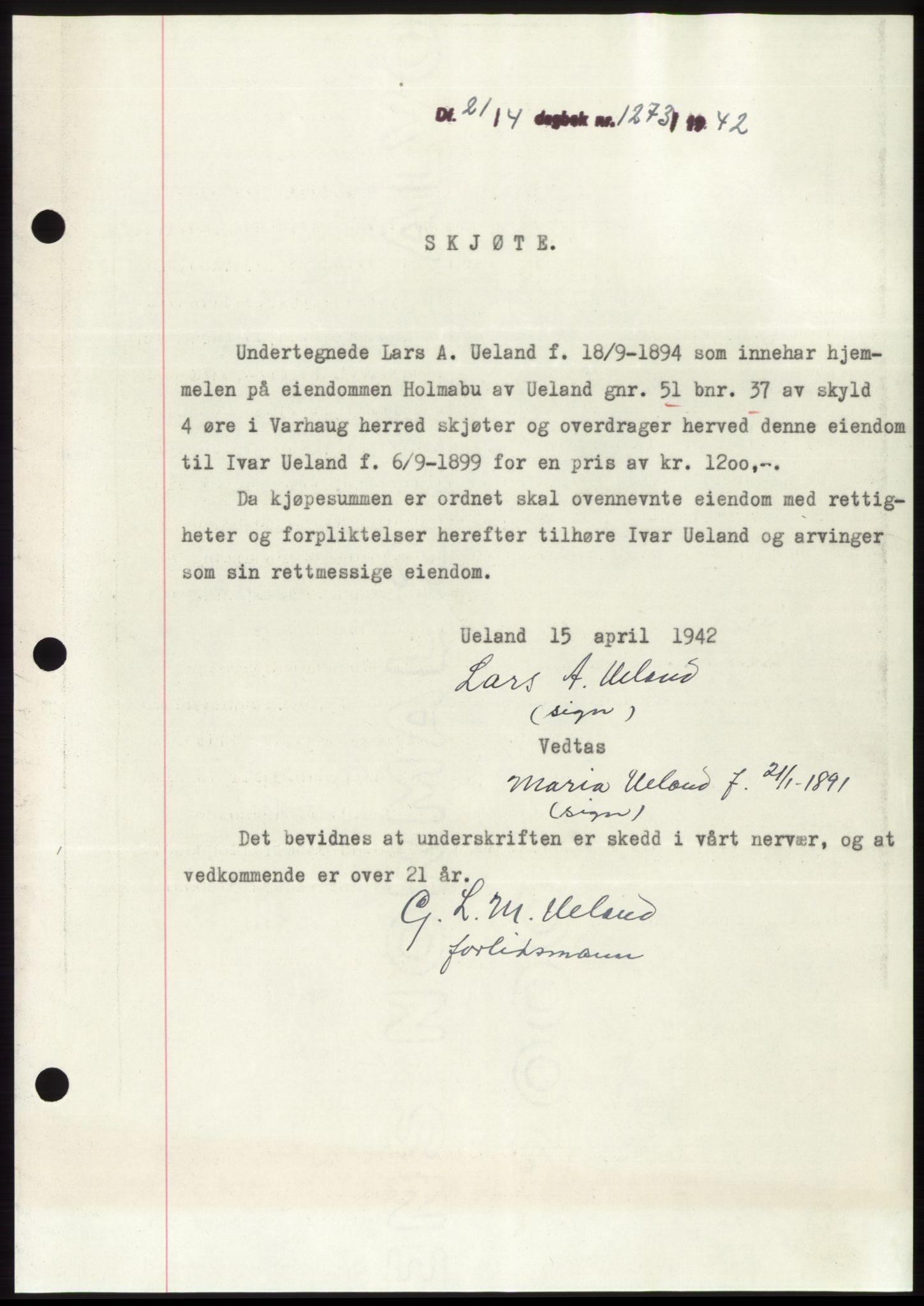 Jæren sorenskriveri, SAST/A-100310/03/G/Gba/L0082: Pantebok, 1942-1942, Dagboknr: 1273/1942