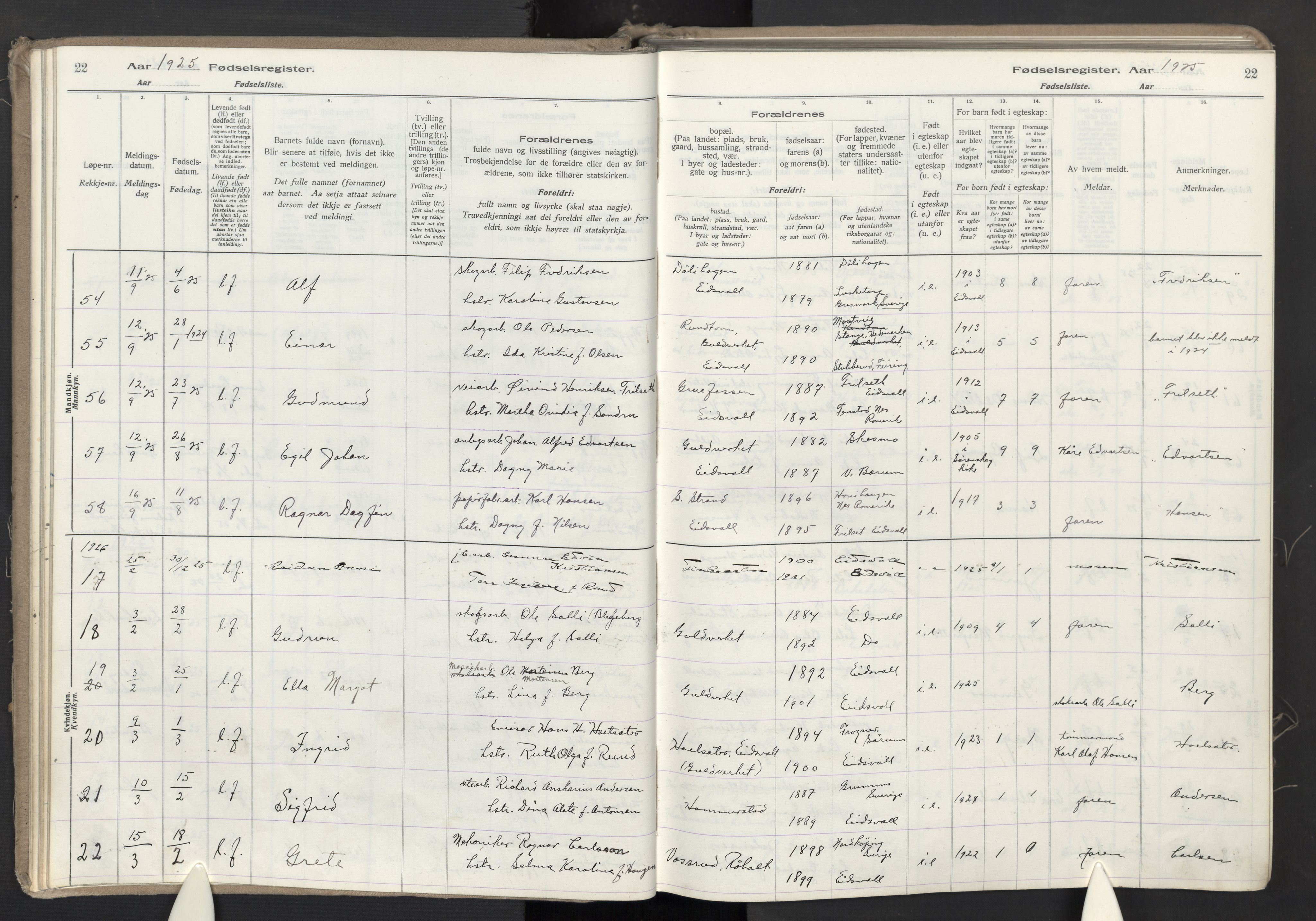 Eidsvoll prestekontor Kirkebøker, AV/SAO-A-10888/J/Ja/L0002: Fødselsregister nr. I 2, 1924-1937, s. 22