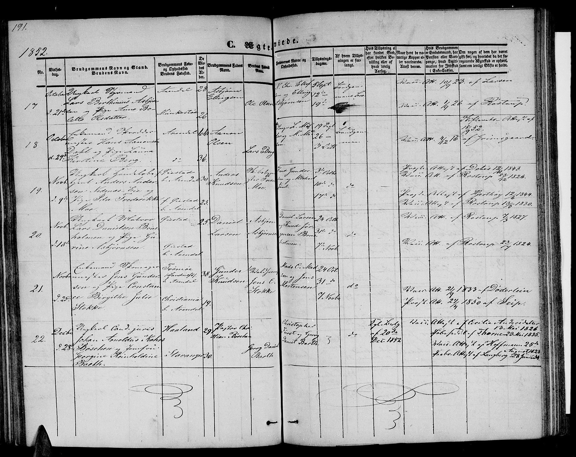 Arendal sokneprestkontor, Trefoldighet, AV/SAK-1111-0040/F/Fb/L0002: Klokkerbok nr. B 2, 1838-1860, s. 191