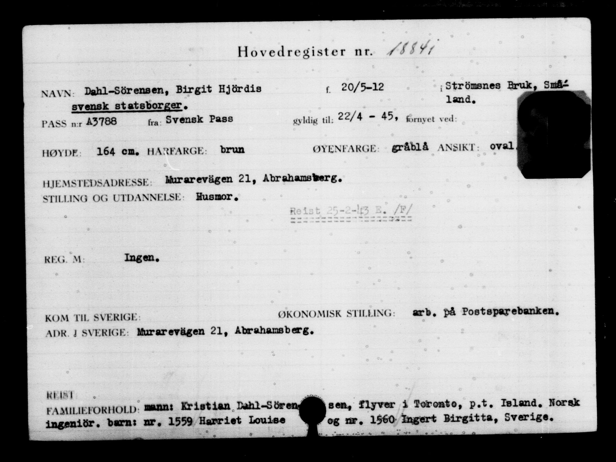Utenriksstasjonene, Legasjonen i Stockholm, Flyktningkontoret, AV/RA-S-6753/V/Va/L0009: Kjesäterkartoteket, flyktninger med registreringsnr. 18502-22048, 1940-1945, s. 399