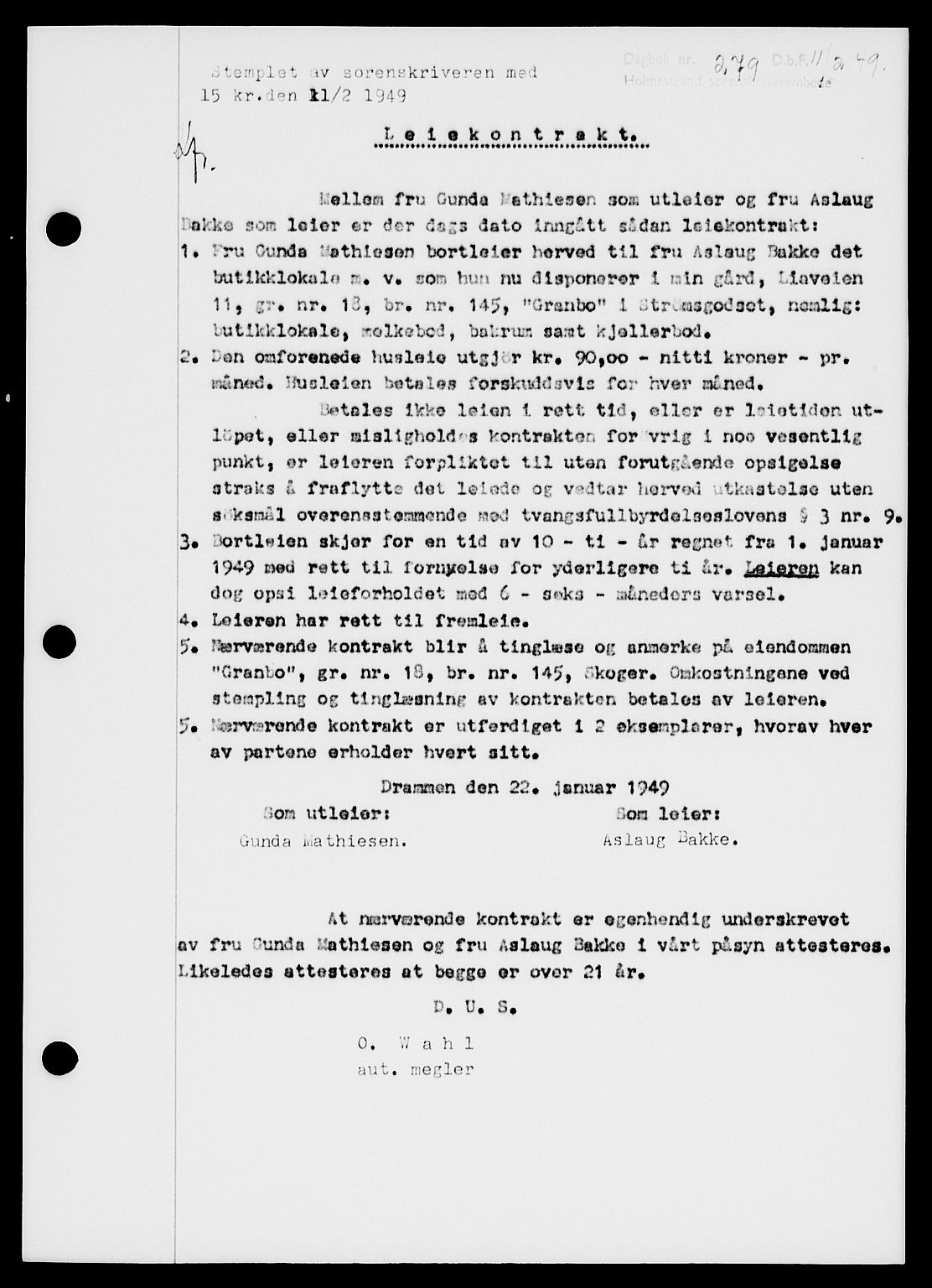 Holmestrand sorenskriveri, SAKO/A-67/G/Ga/Gaa/L0065: Pantebok nr. A-65, 1948-1949, Dagboknr: 279/1949