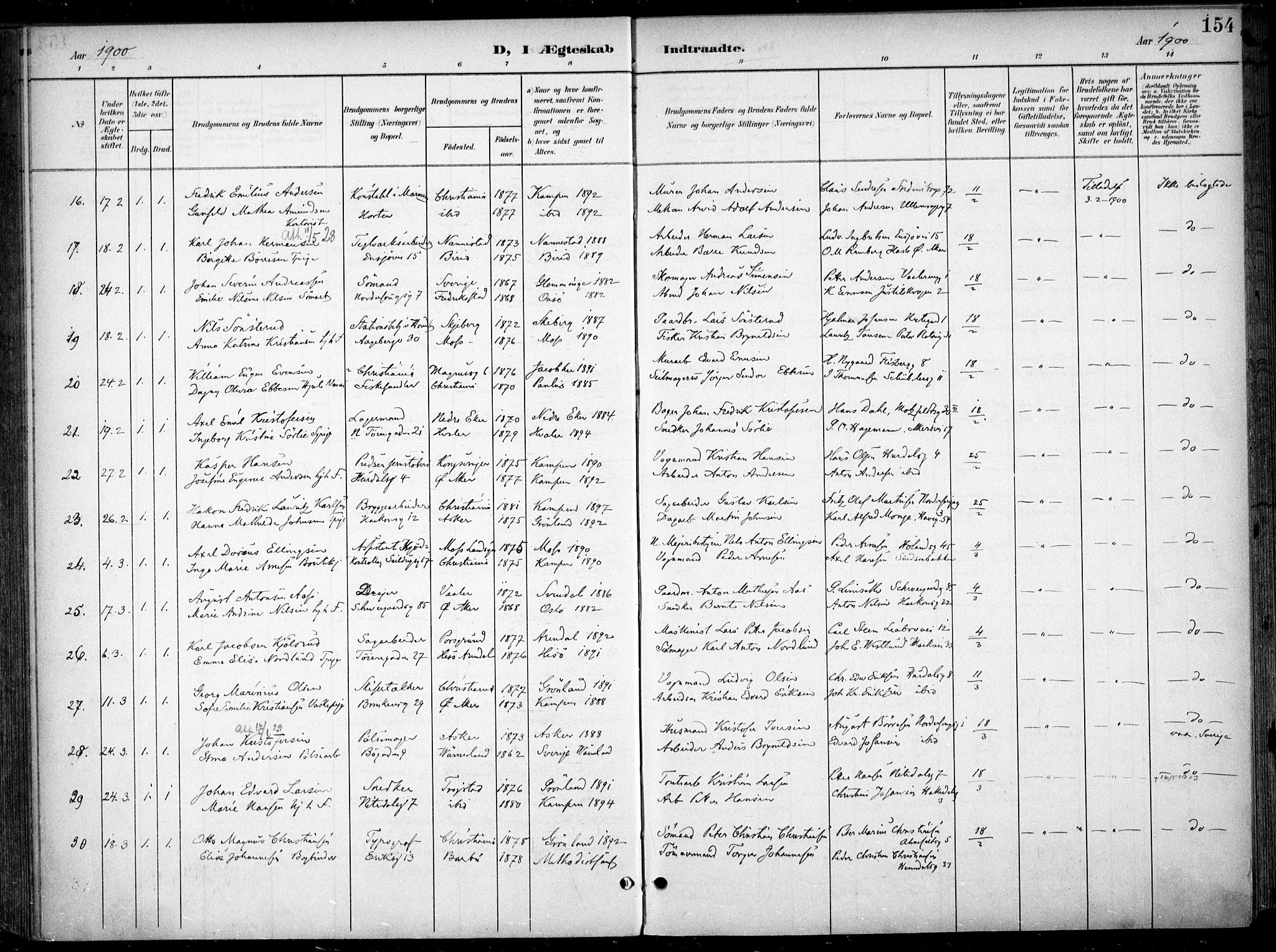 Kampen prestekontor Kirkebøker, AV/SAO-A-10853/F/Fa/L0009: Ministerialbok nr. I 9, 1899-1911, s. 154