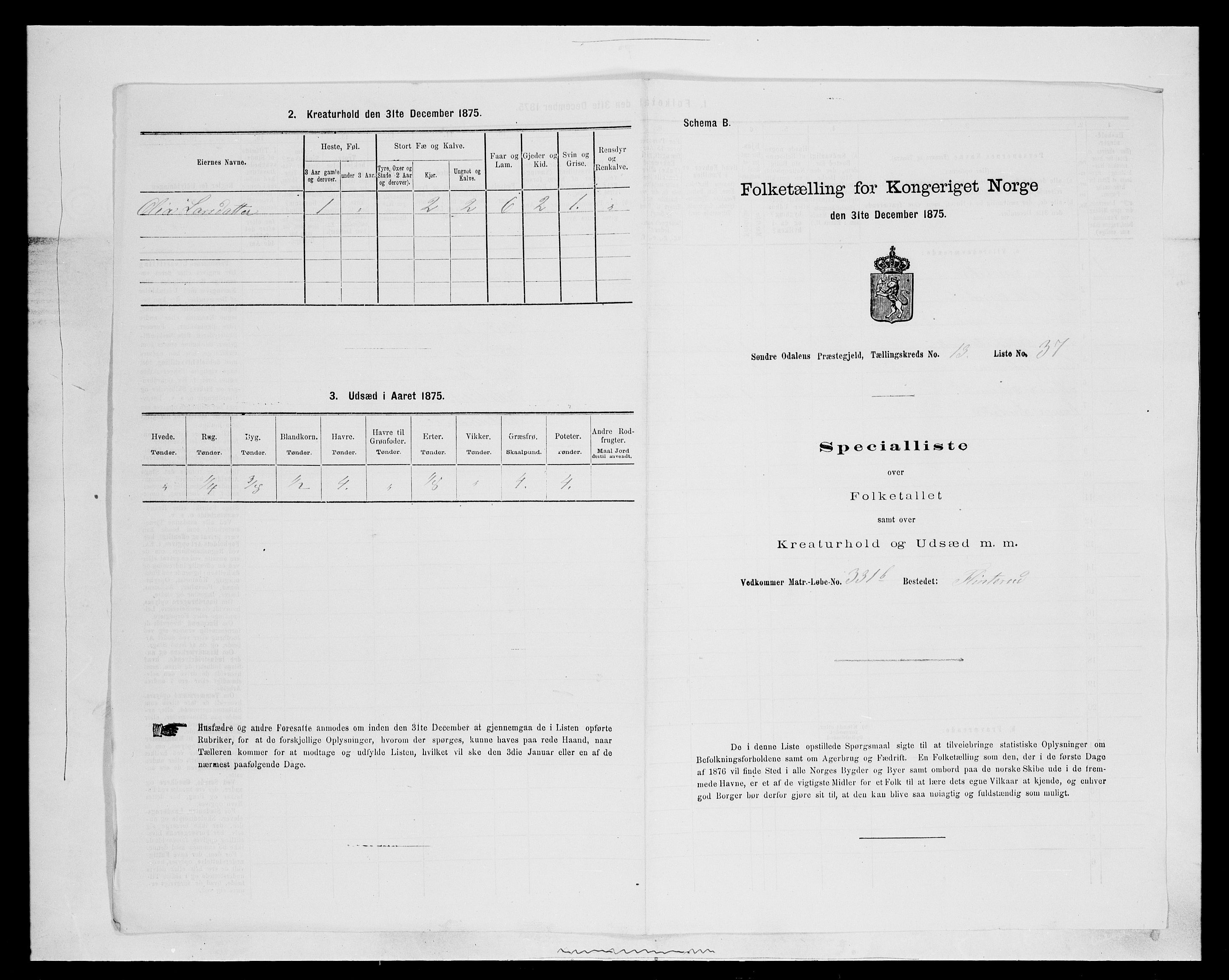 SAH, Folketelling 1875 for 0419P Sør-Odal prestegjeld, 1875, s. 1319