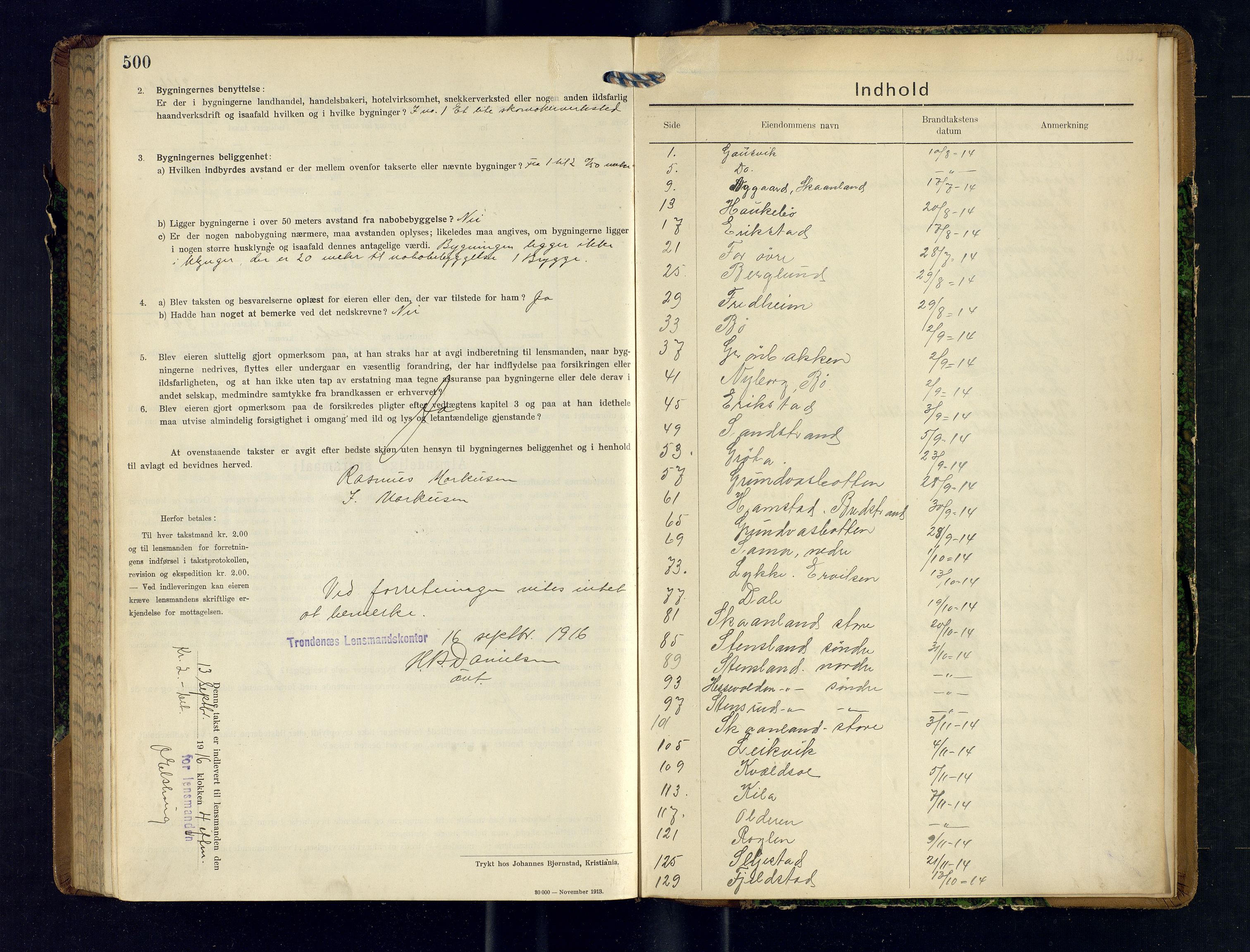 Harstad lensmannskontor, SATØ/SATØ-10/F/Fr/Fra/L0606: Branntakstprotokoll (S). Merket U. Med register, 1914-1916, s. 500-501