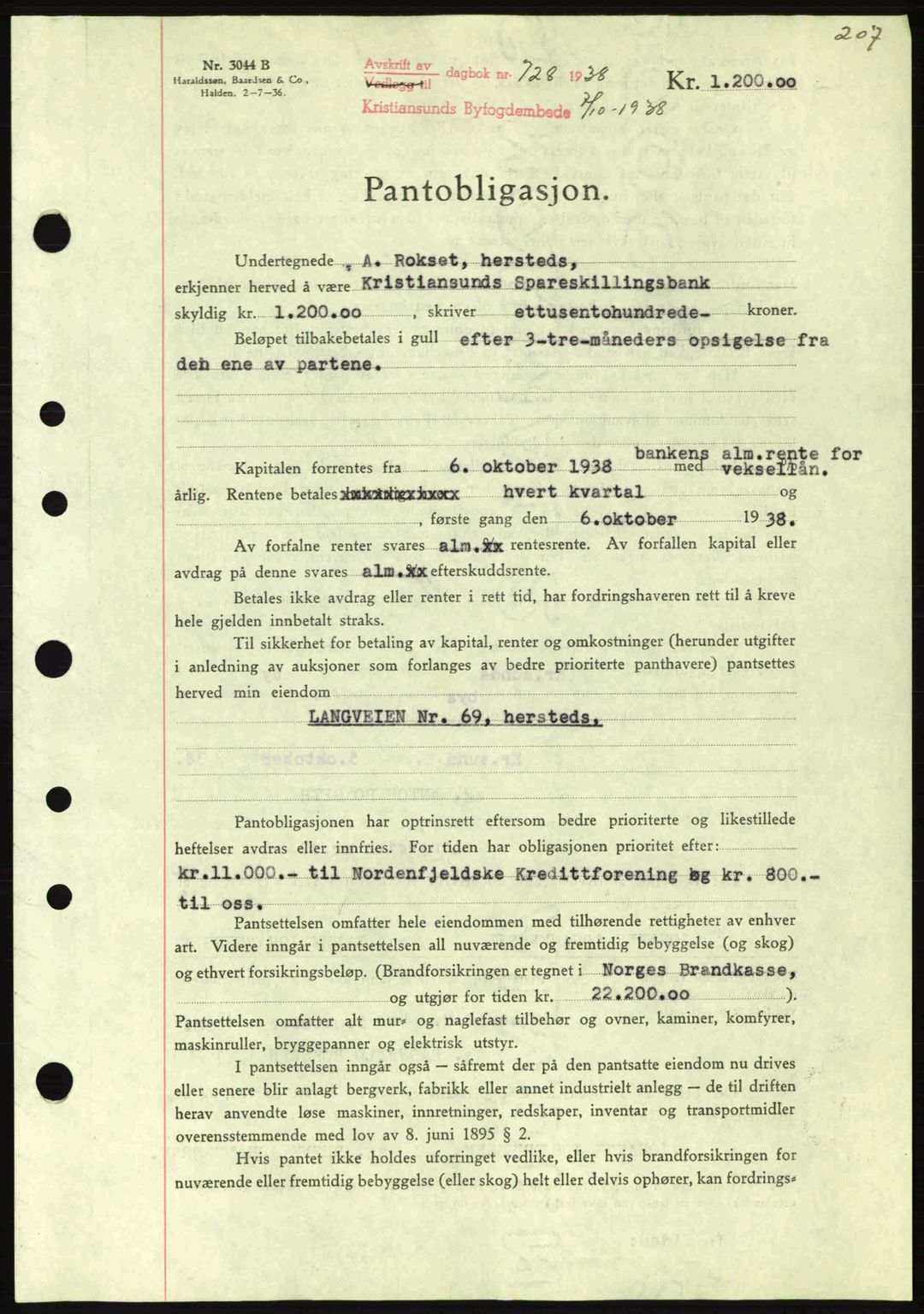 Kristiansund byfogd, SAT/A-4587/A/27: Pantebok nr. 31, 1938-1939, Dagboknr: 728/1938