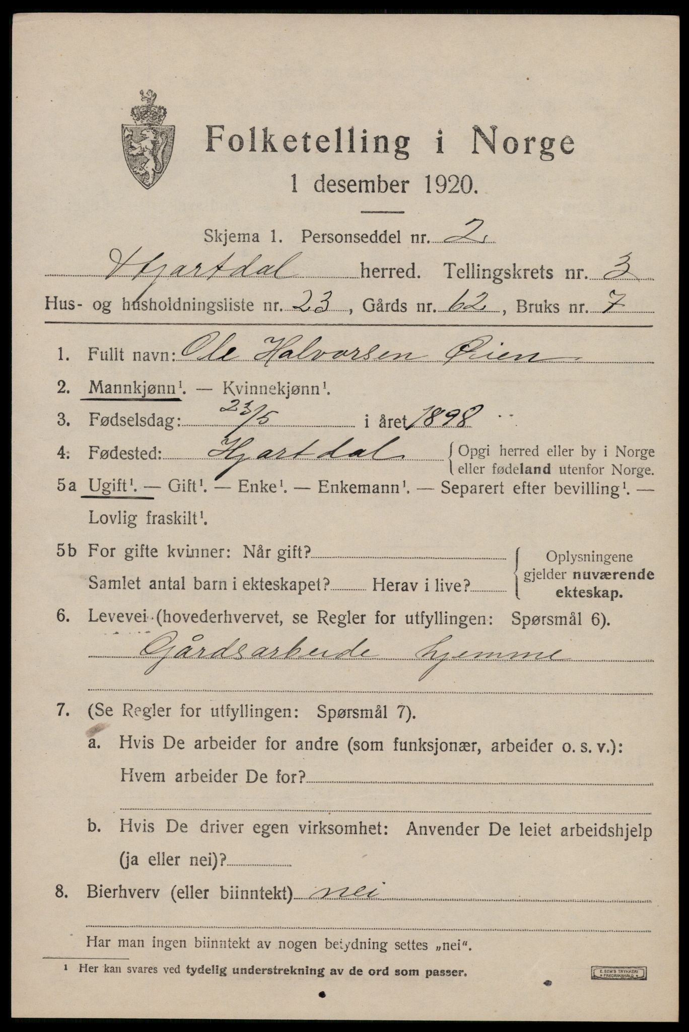 SAKO, Folketelling 1920 for 0827 Hjartdal herred, 1920, s. 2730
