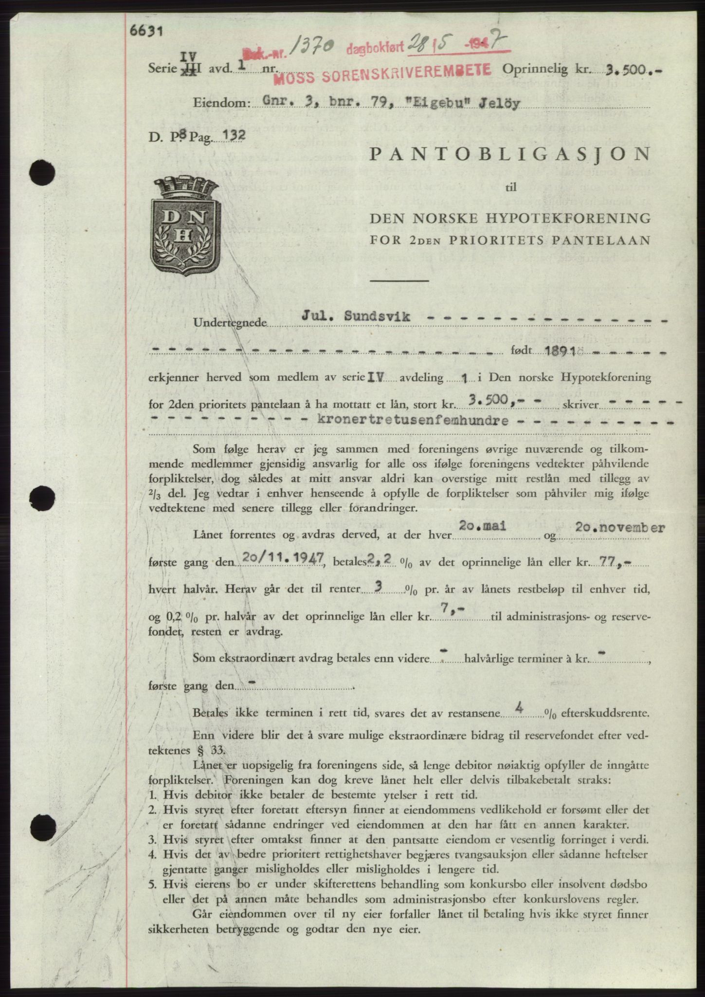 Moss sorenskriveri, SAO/A-10168: Pantebok nr. B17, 1947-1947, Dagboknr: 1370/1947