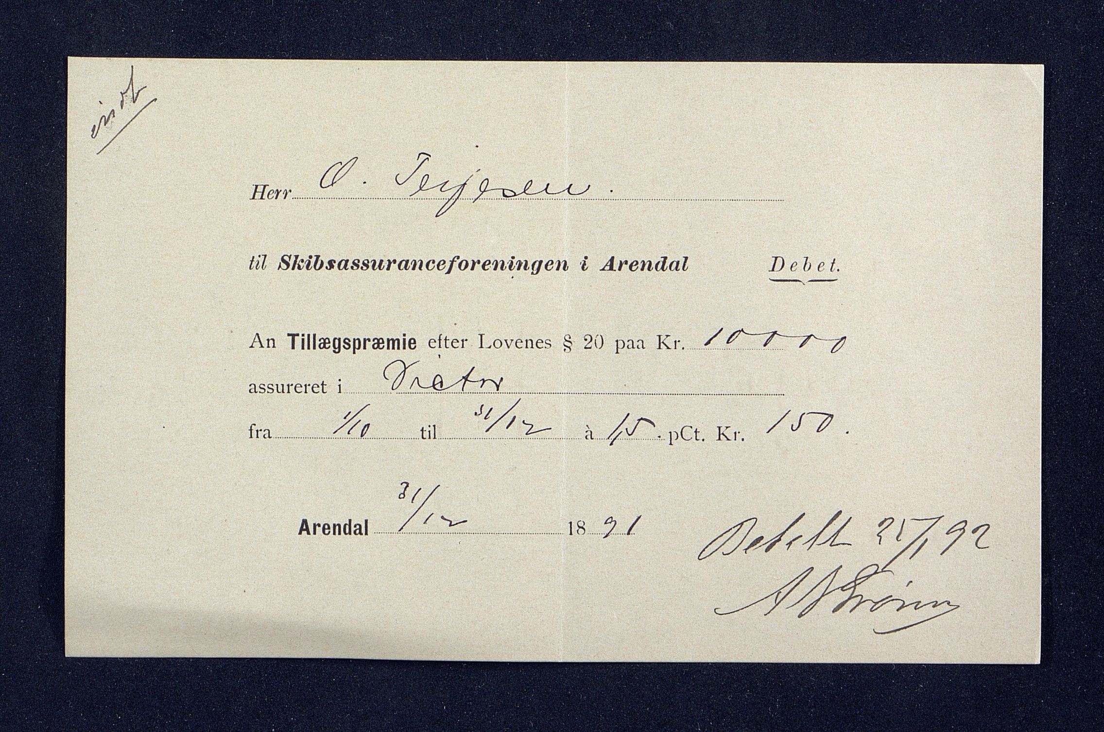 O. Terjesens rederi, AAKS/PA-2525/R/R02/L0001: Regnskapsbilag, 1884-1898