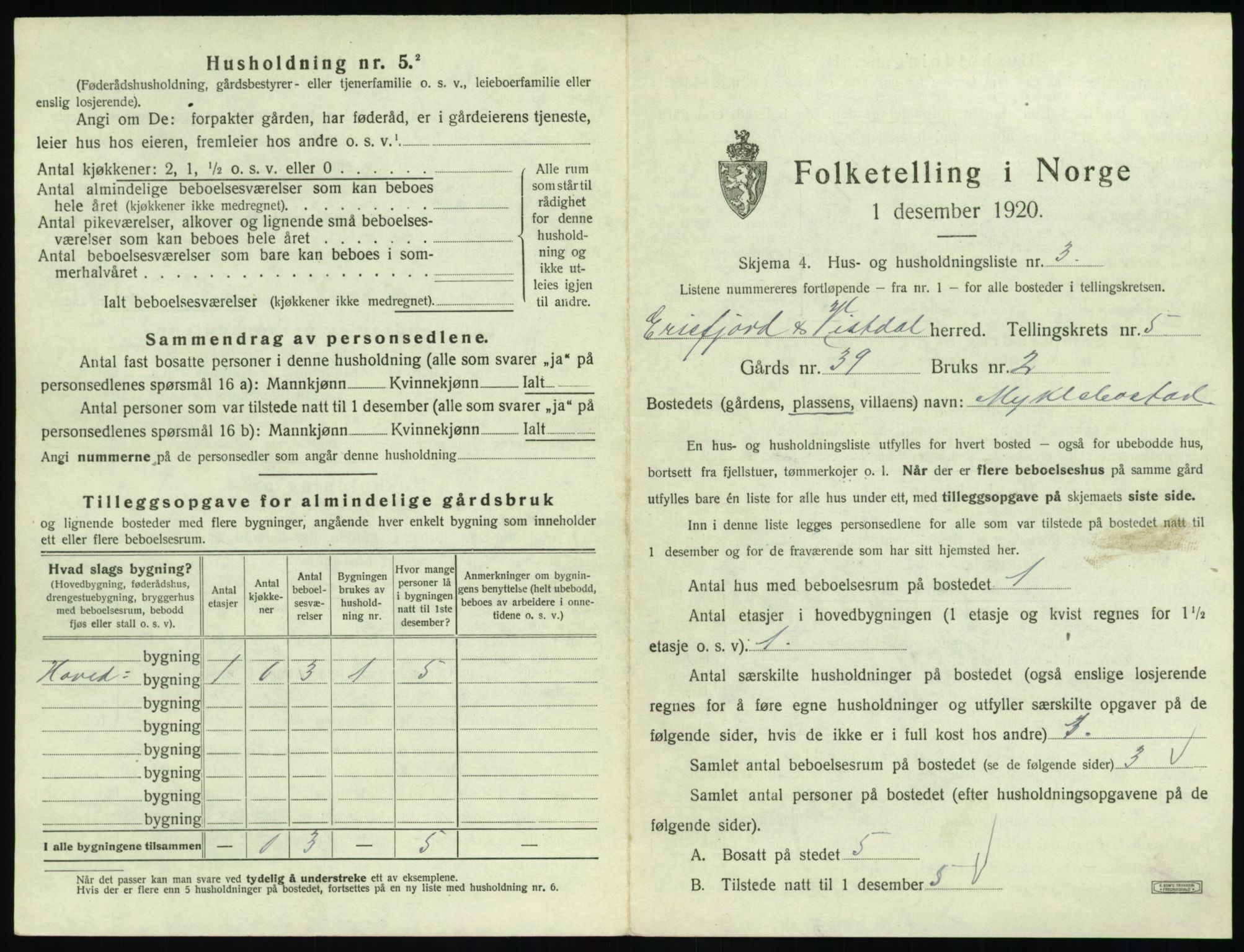 SAT, Folketelling 1920 for 1542 Eresfjord og Vistdal herred, 1920, s. 405