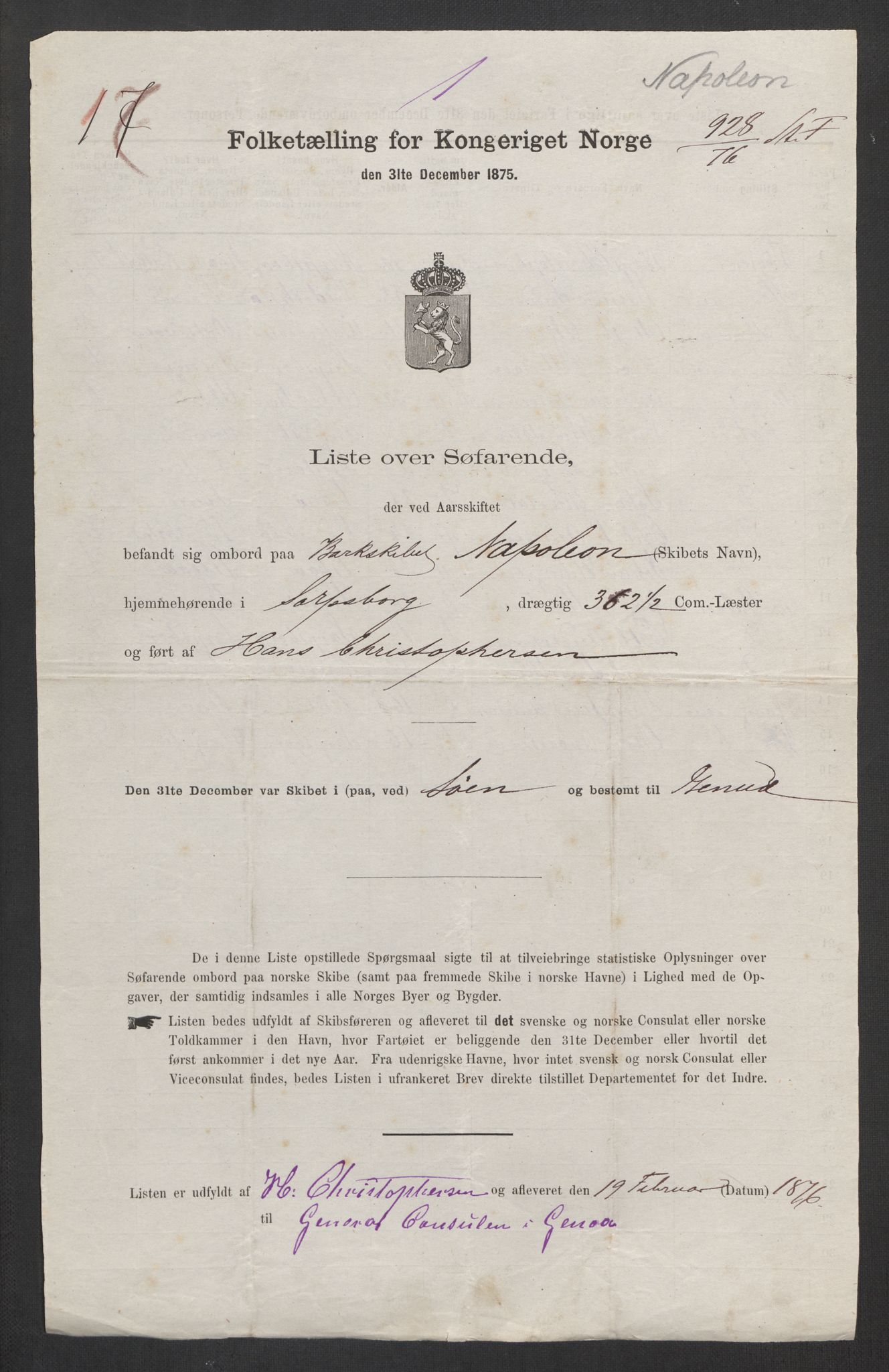 RA, Folketelling 1875, skipslister: Skip i utenrikske havner, hjemmehørende i byer og ladesteder, Fredrikshald - Arendal, 1875, s. 31