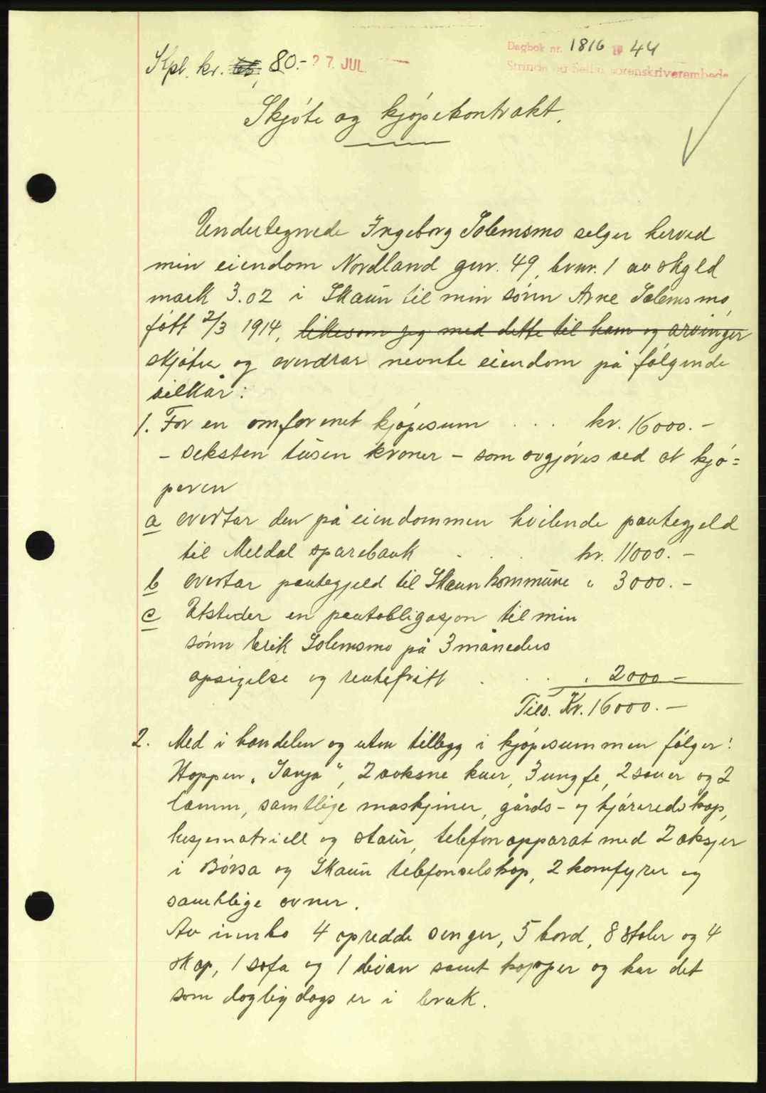 Strinda og Selbu sorenskriveri, SAT/A-0015/2/2C: Pantebok nr. A9, 1944-1945, Dagboknr: 1816/1944