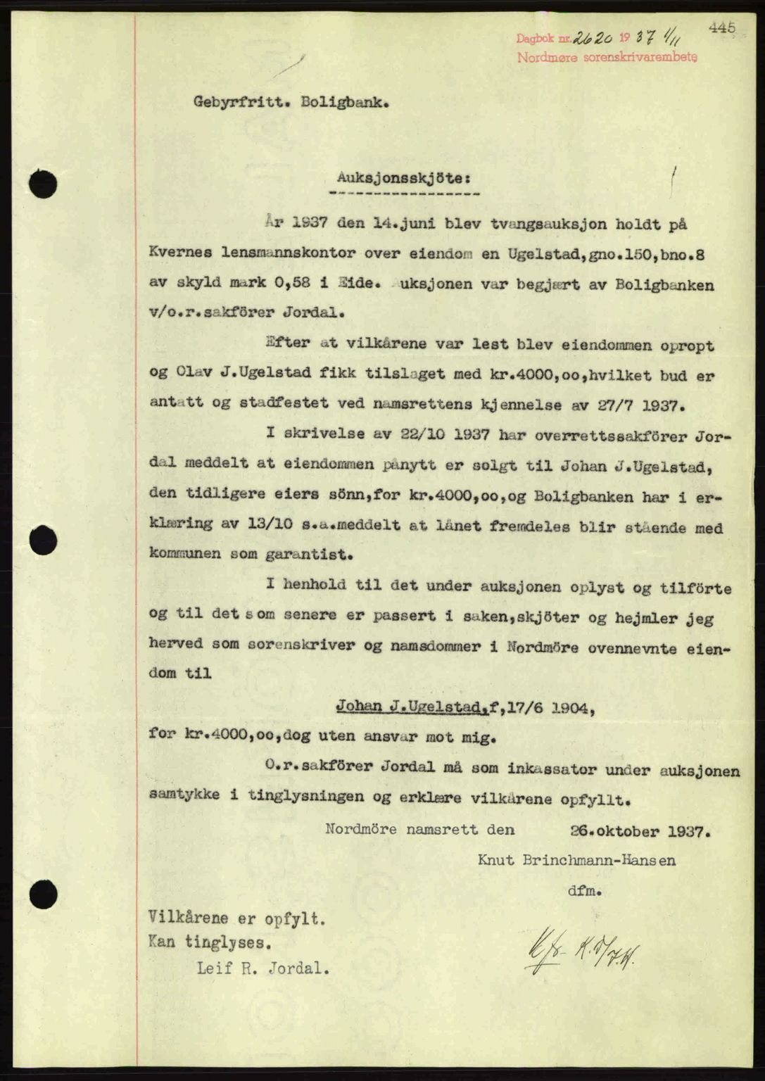 Nordmøre sorenskriveri, SAT/A-4132/1/2/2Ca: Pantebok nr. A82, 1937-1938, Dagboknr: 2620/1937