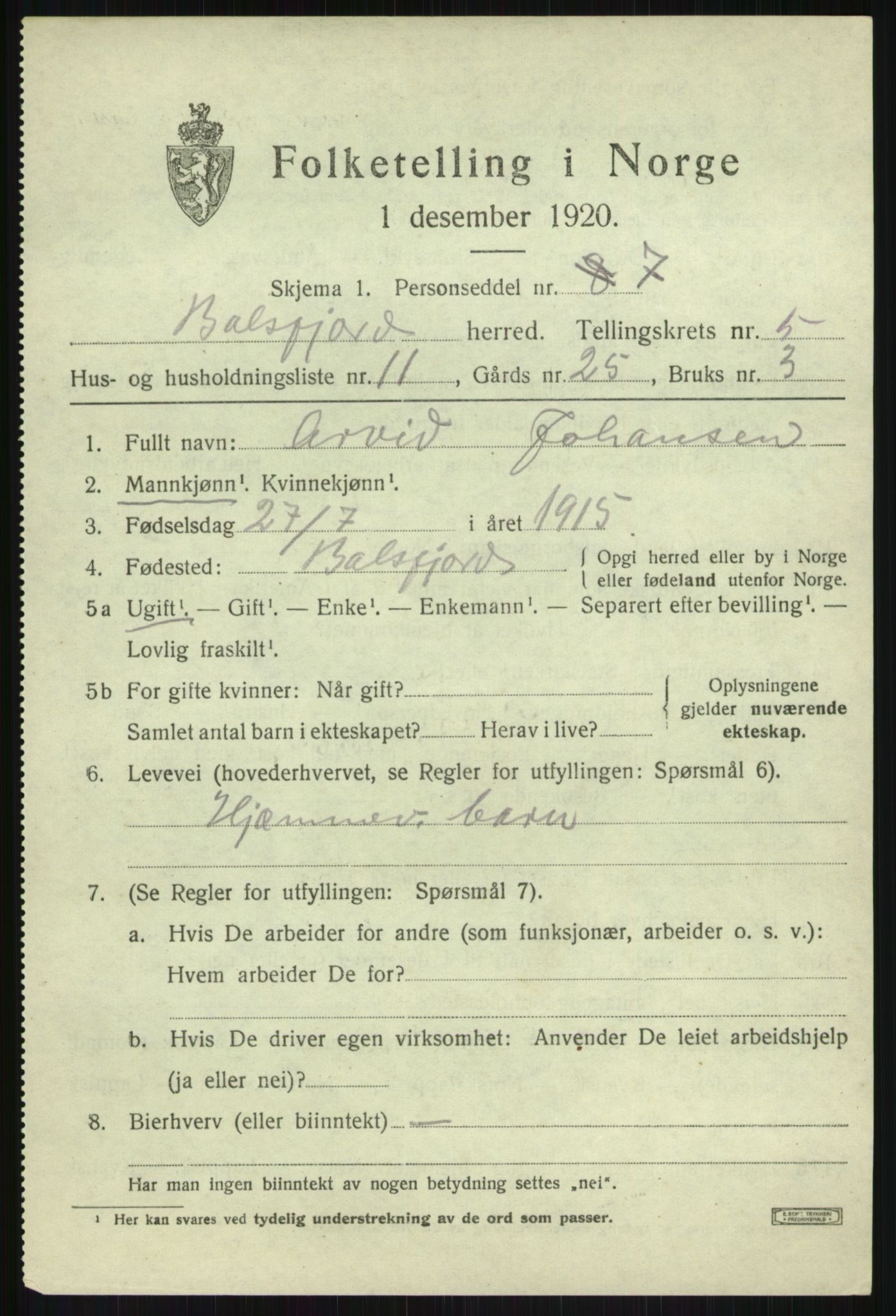 SATØ, Folketelling 1920 for 1933 Balsfjord herred, 1920, s. 3244