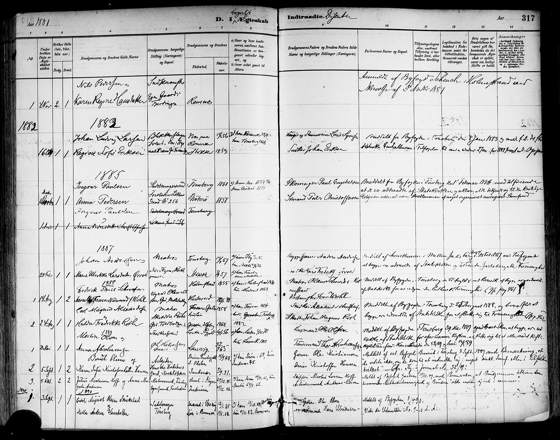 Tønsberg kirkebøker, AV/SAKO-A-330/F/Fa/L0011: Ministerialbok nr. I 11, 1881-1890, s. 317