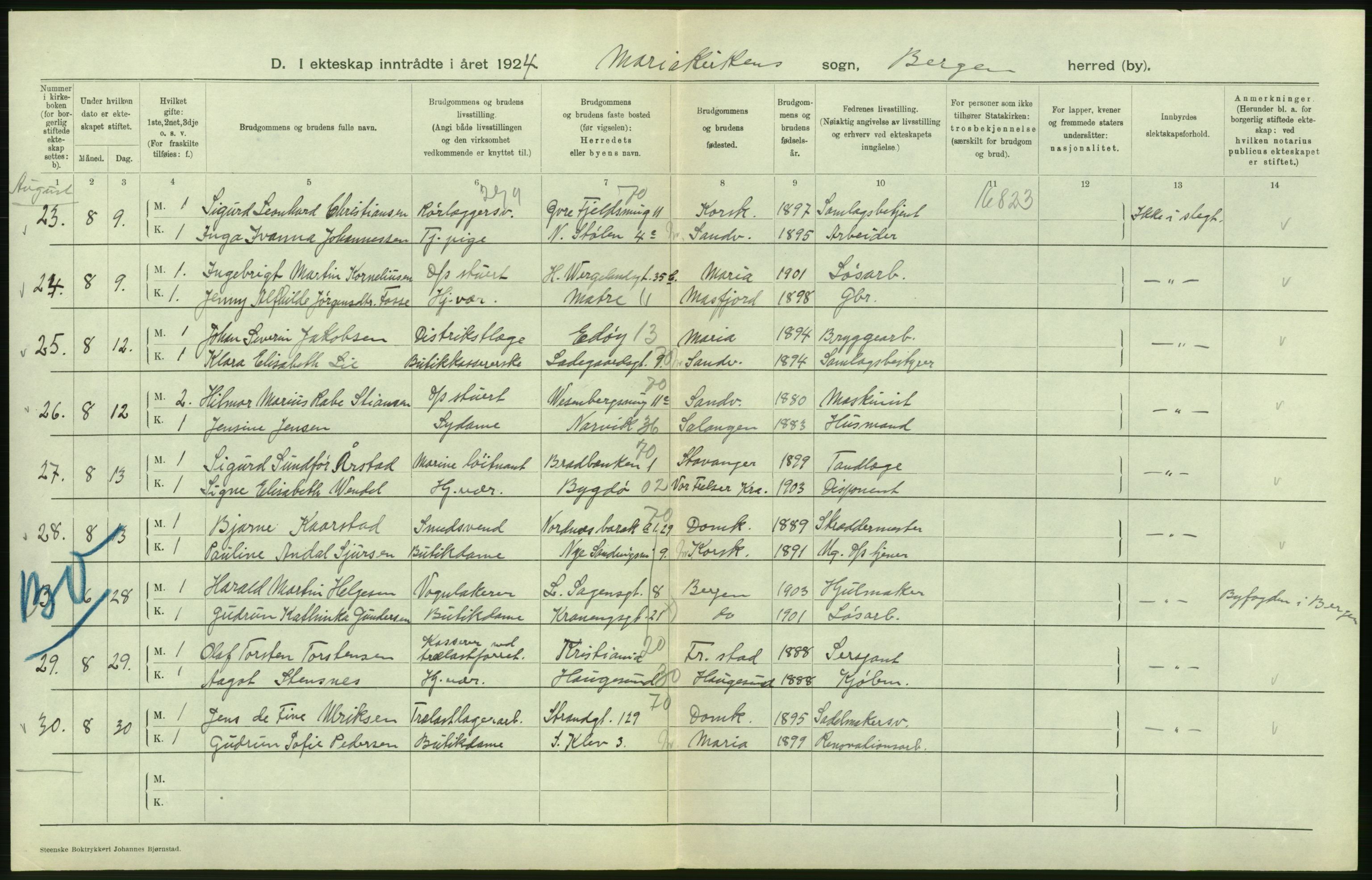 Statistisk sentralbyrå, Sosiodemografiske emner, Befolkning, AV/RA-S-2228/D/Df/Dfc/Dfcd/L0028: Bergen: Gifte, døde., 1924, s. 184