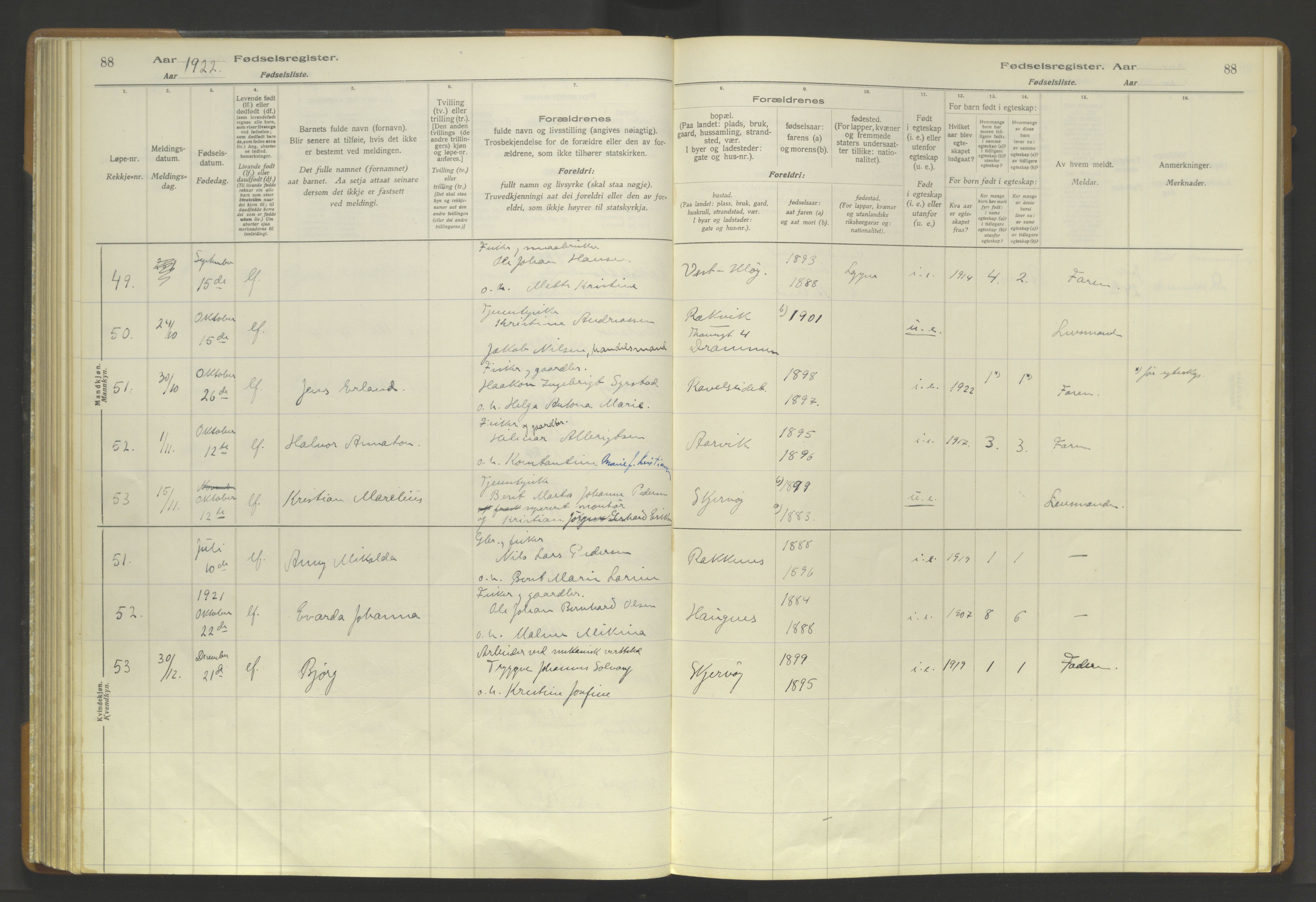 Skjervøy sokneprestkontor, AV/SATØ-S-1300/I/Ia/L0056: Fødselsregister nr. 56, 1916-1932, s. 88