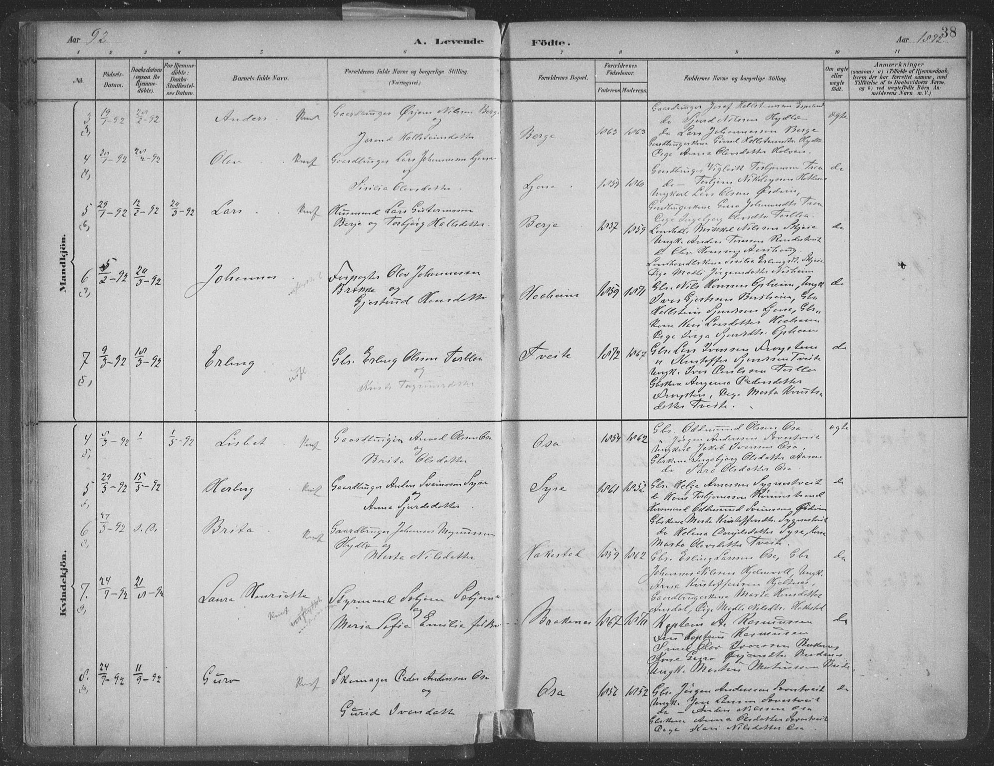 Ulvik sokneprestembete, AV/SAB-A-78801/H/Hab: Klokkerbok nr. A 3, 1883-1908, s. 38