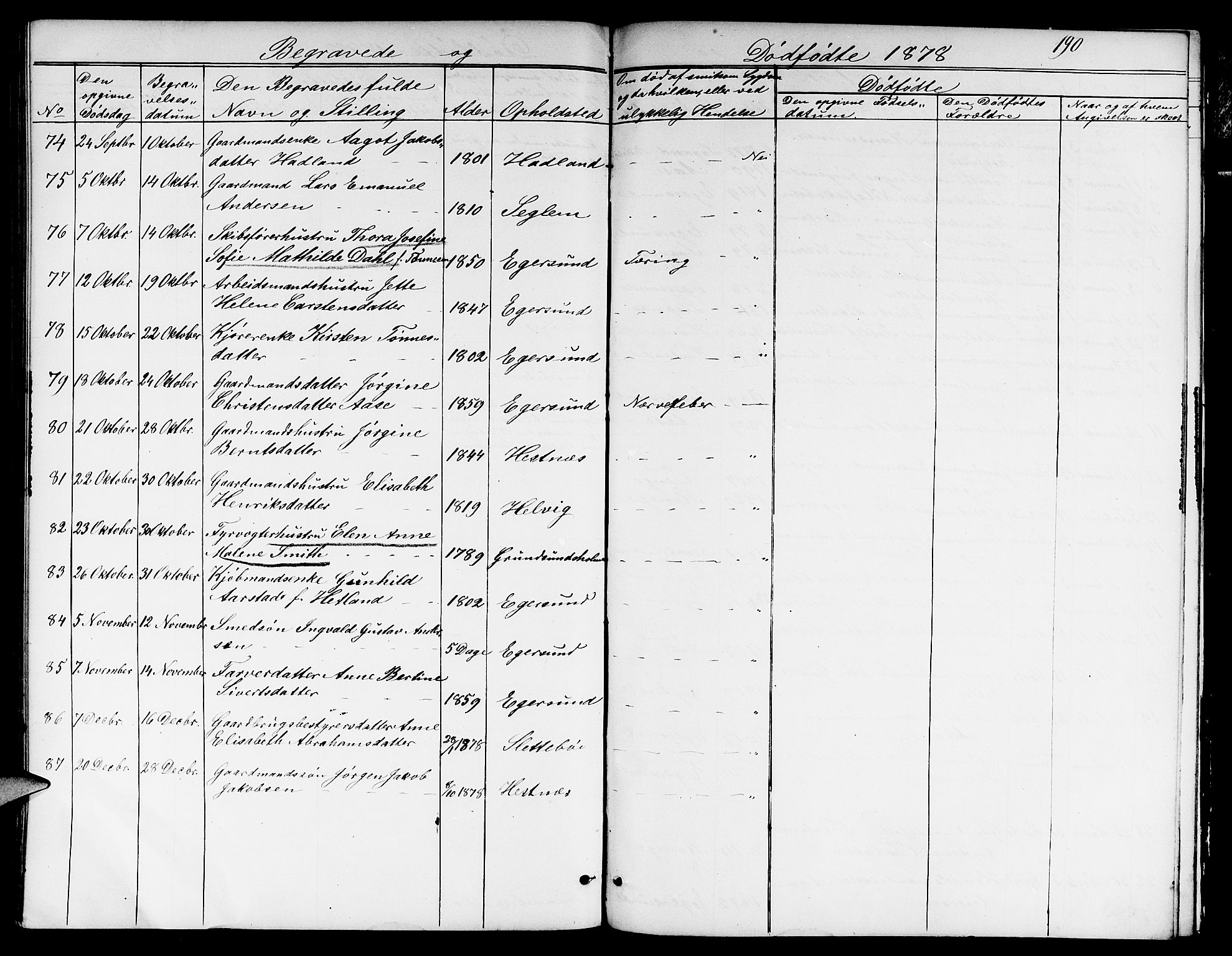 Eigersund sokneprestkontor, AV/SAST-A-101807/S09/L0005: Klokkerbok nr. B 5, 1872-1881, s. 190