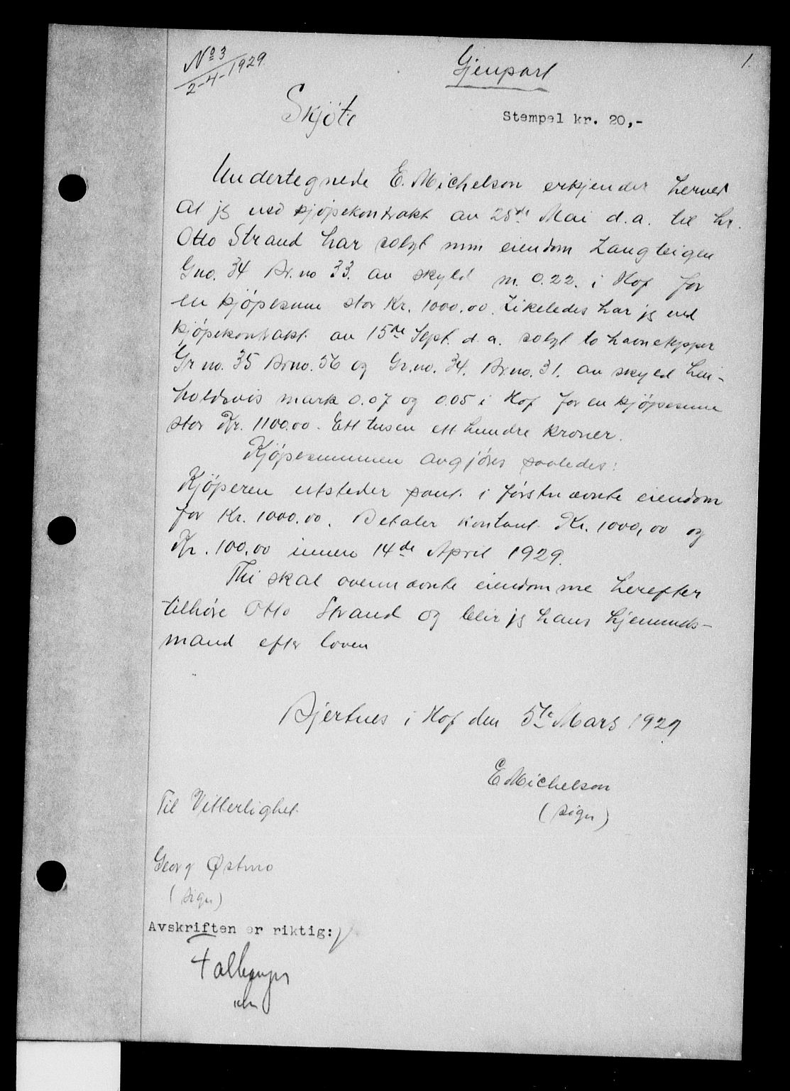 Solør tingrett, AV/SAH-TING-008/H/Hb/Hba/L0063: Pantebok nr. 63, 1929-1930, s. 1