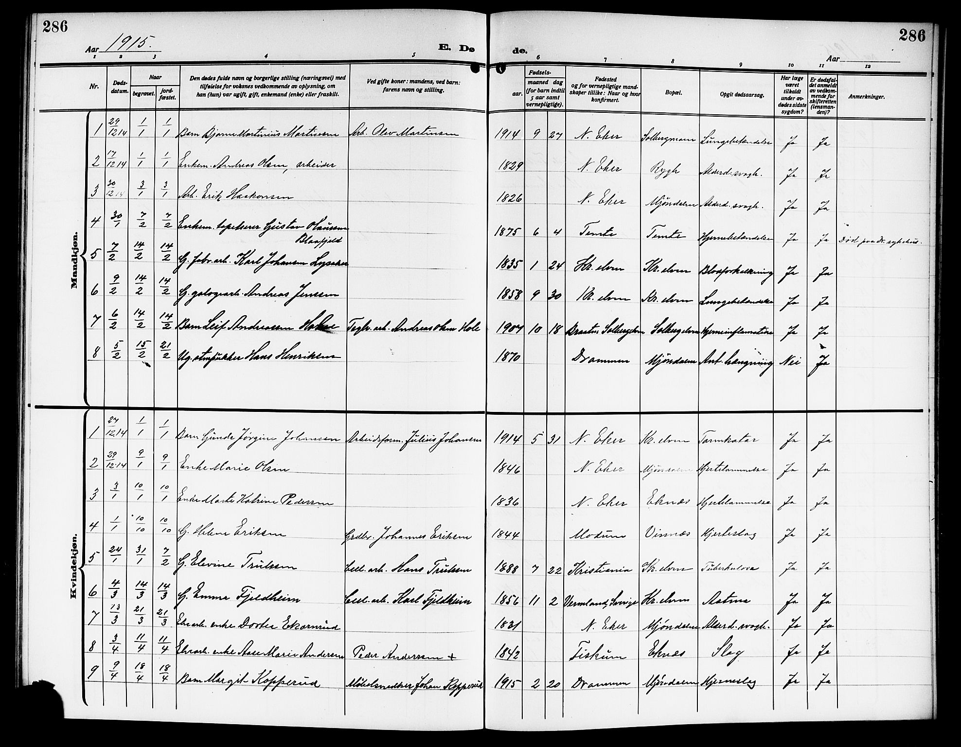Nedre Eiker kirkebøker, AV/SAKO-A-612/G/Ga/L0005: Klokkerbok nr. 5, 1913-1921, s. 286