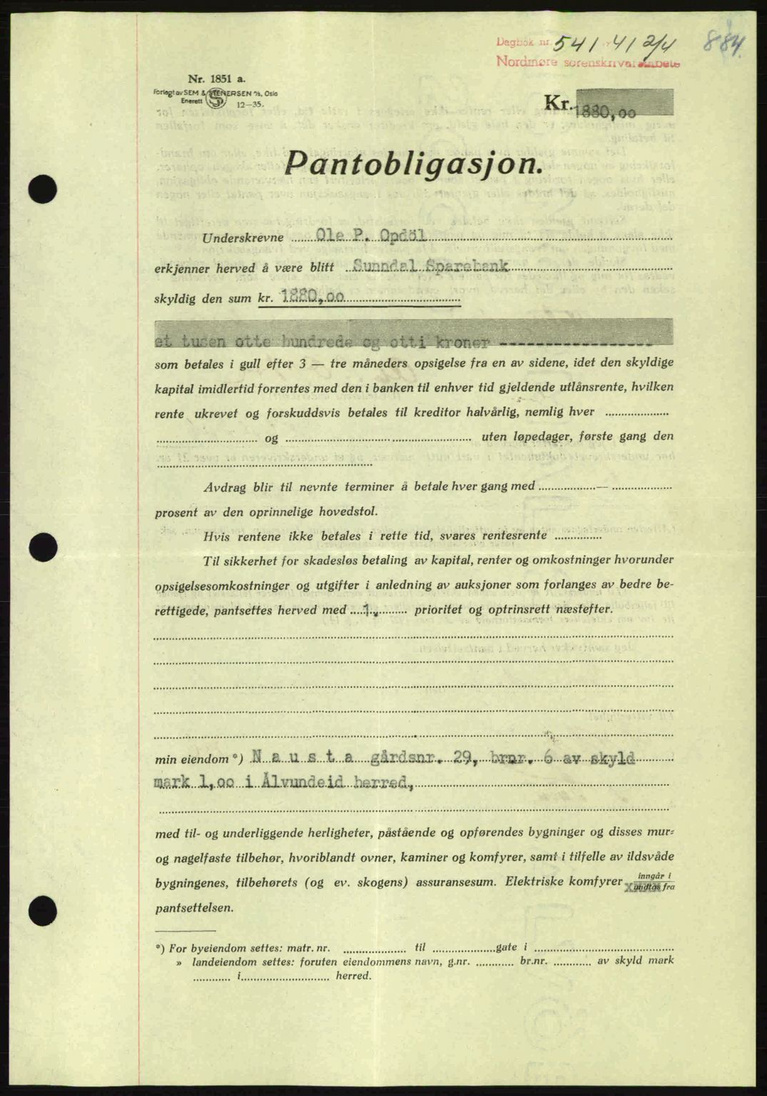 Nordmøre sorenskriveri, AV/SAT-A-4132/1/2/2Ca: Pantebok nr. B87, 1940-1941, Dagboknr: 541/1941