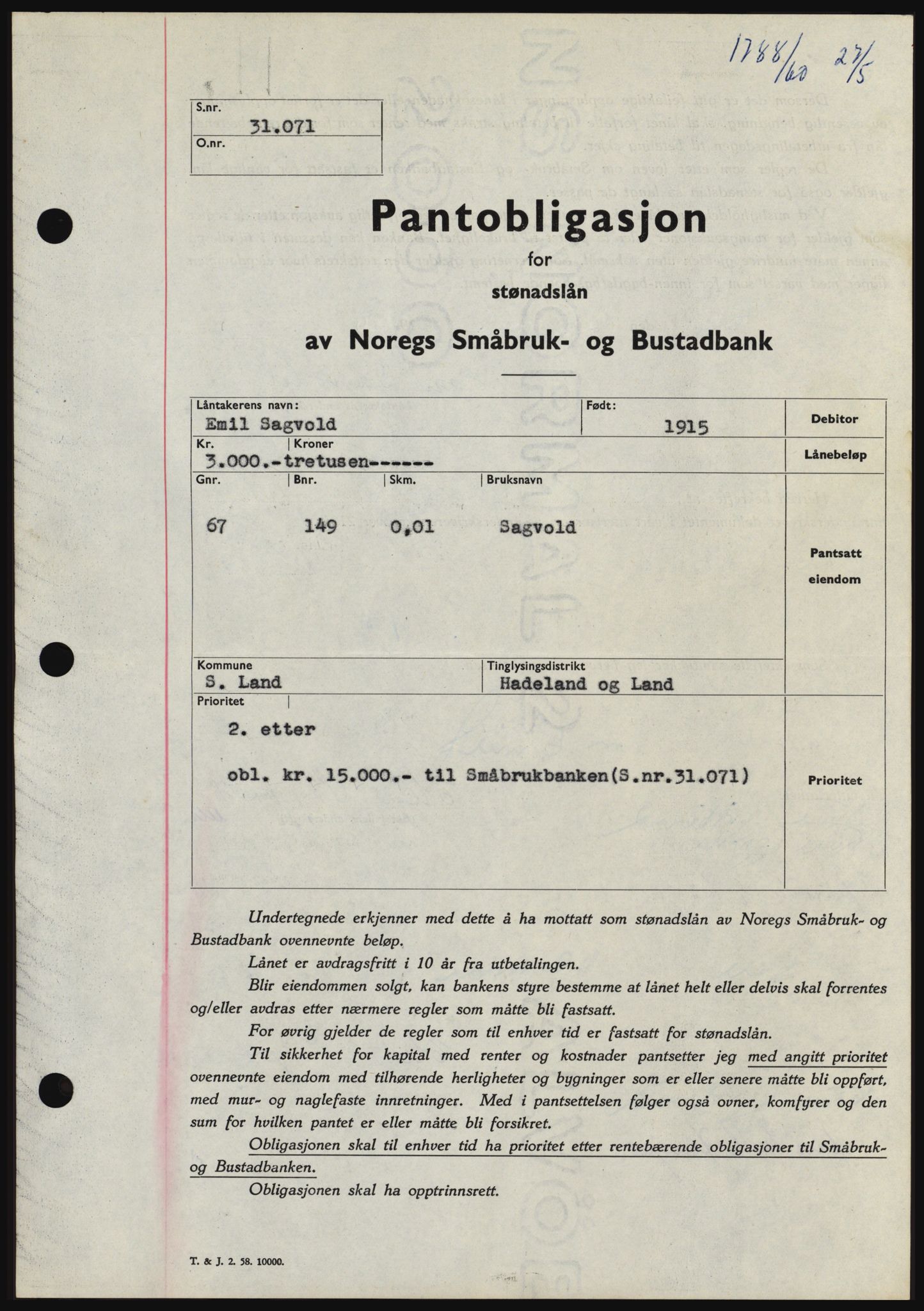 Hadeland og Land tingrett, SAH/TING-010/H/Hb/Hbc/L0043: Pantebok nr. B43, 1960-1960, Dagboknr: 1788/1960