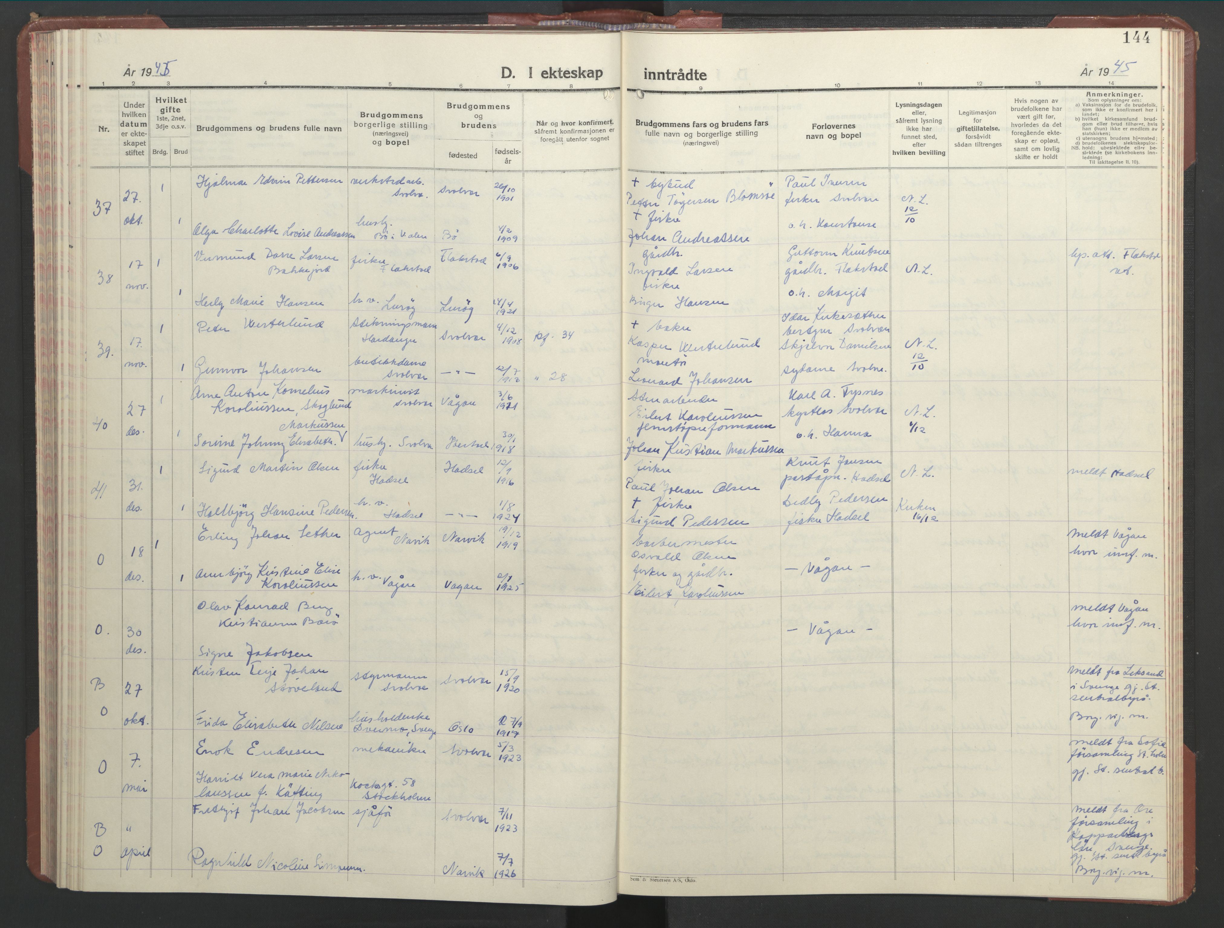 Ministerialprotokoller, klokkerbøker og fødselsregistre - Nordland, AV/SAT-A-1459/877/L1118: Klokkerbok nr. 877C02, 1939-1950, s. 144