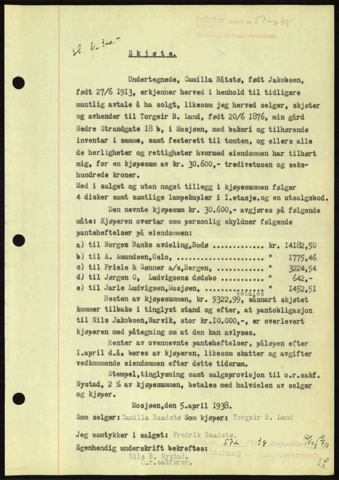 Alstahaug sorenskriveri, SAT/A-1009: Pantebok nr. A3, 1937-1938, Dagboknr: 572/1938