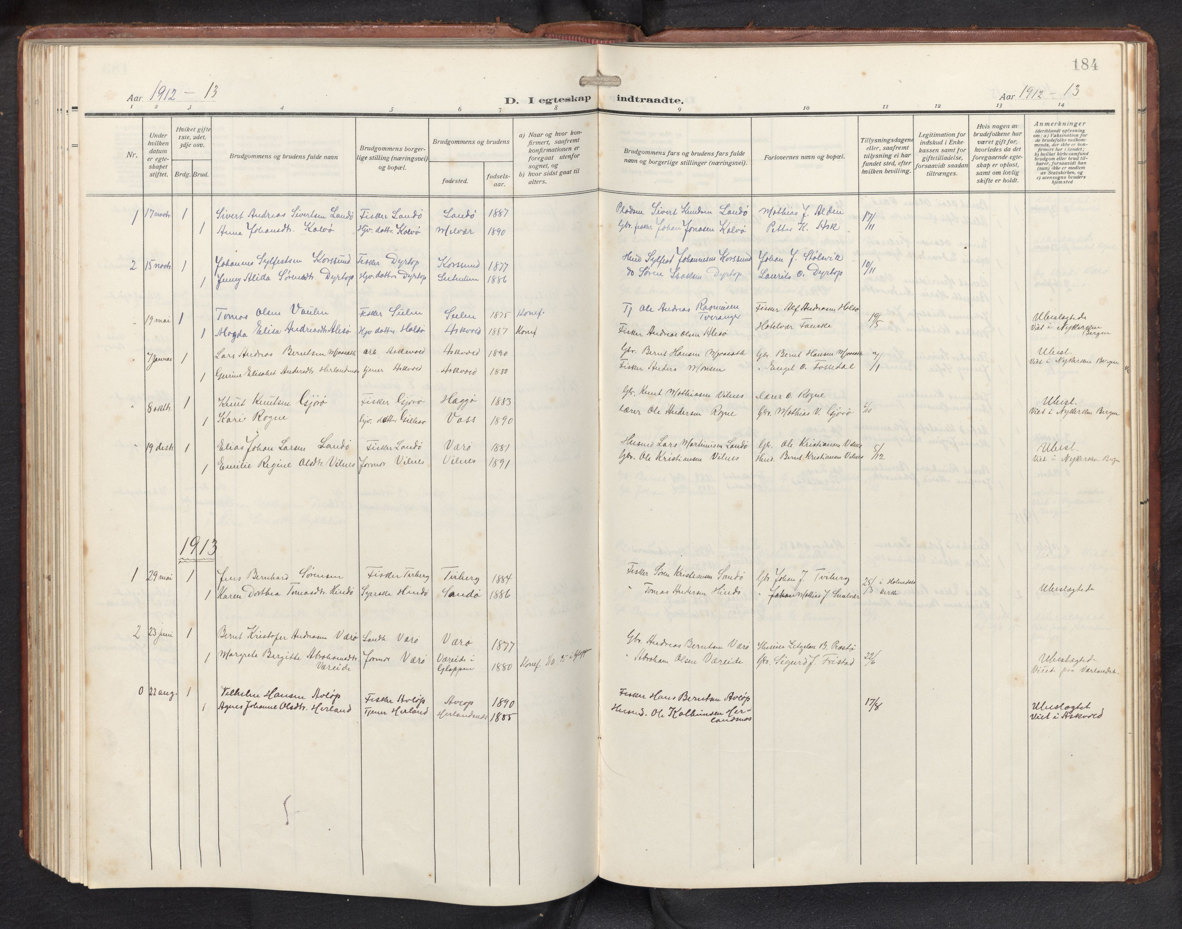 Askvoll sokneprestembete, AV/SAB-A-79501/H/Hab/Habb/L0002: Klokkerbok nr. B 2, 1910-1947, s. 183b-184a