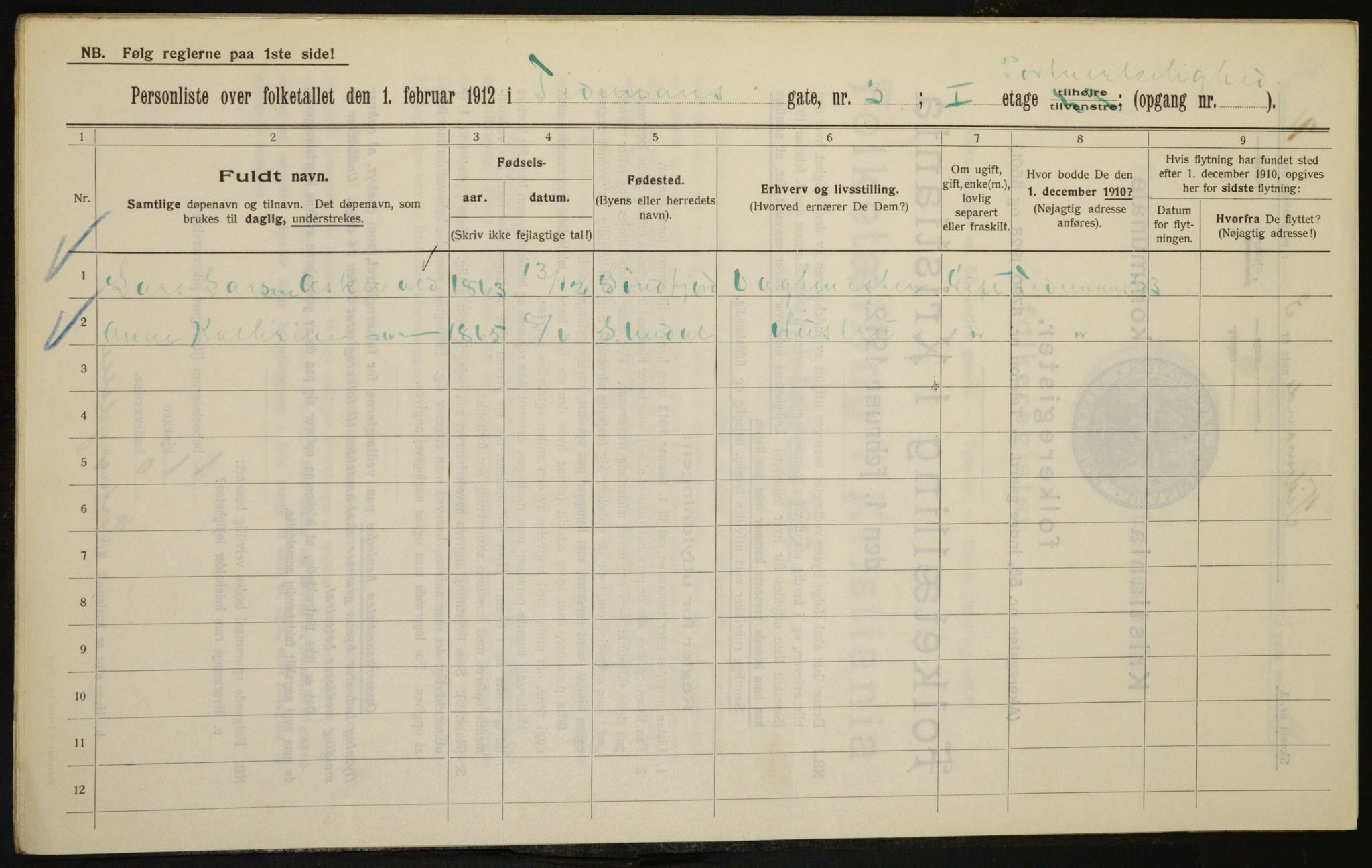 OBA, Kommunal folketelling 1.2.1912 for Kristiania, 1912, s. 111374