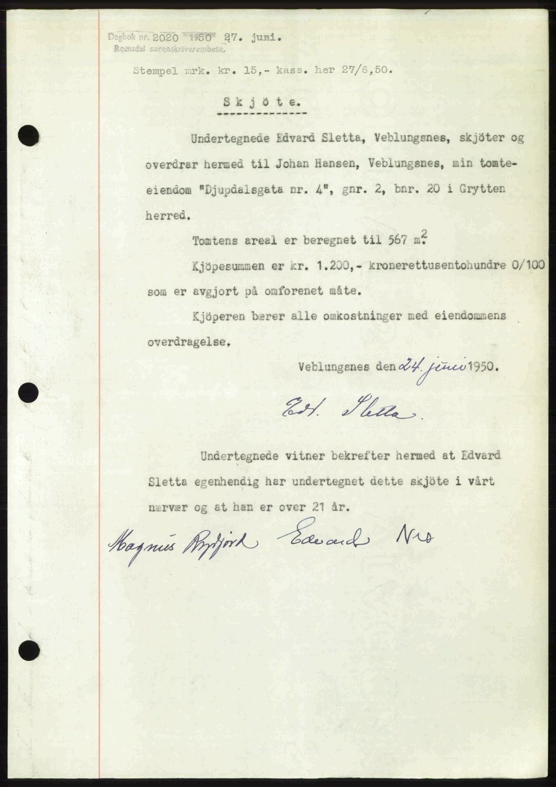 Romsdal sorenskriveri, SAT/A-4149/1/2/2C: Pantebok nr. A33, 1950-1950, Dagboknr: 2020/1950