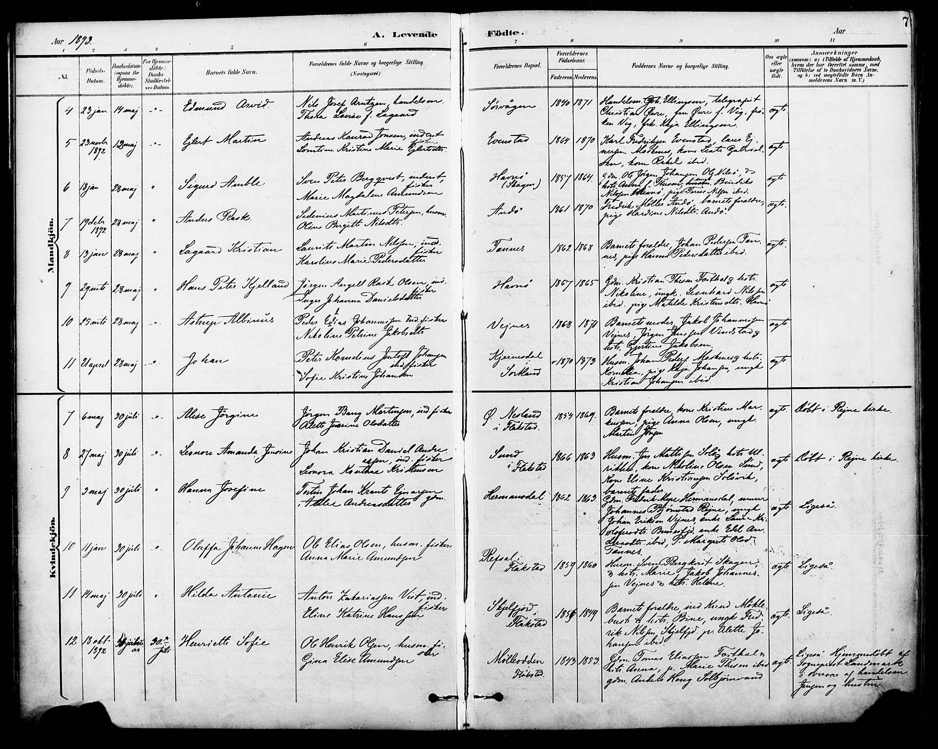 Ministerialprotokoller, klokkerbøker og fødselsregistre - Nordland, AV/SAT-A-1459/886/L1220: Ministerialbok nr. 886A02, 1892-1903, s. 7